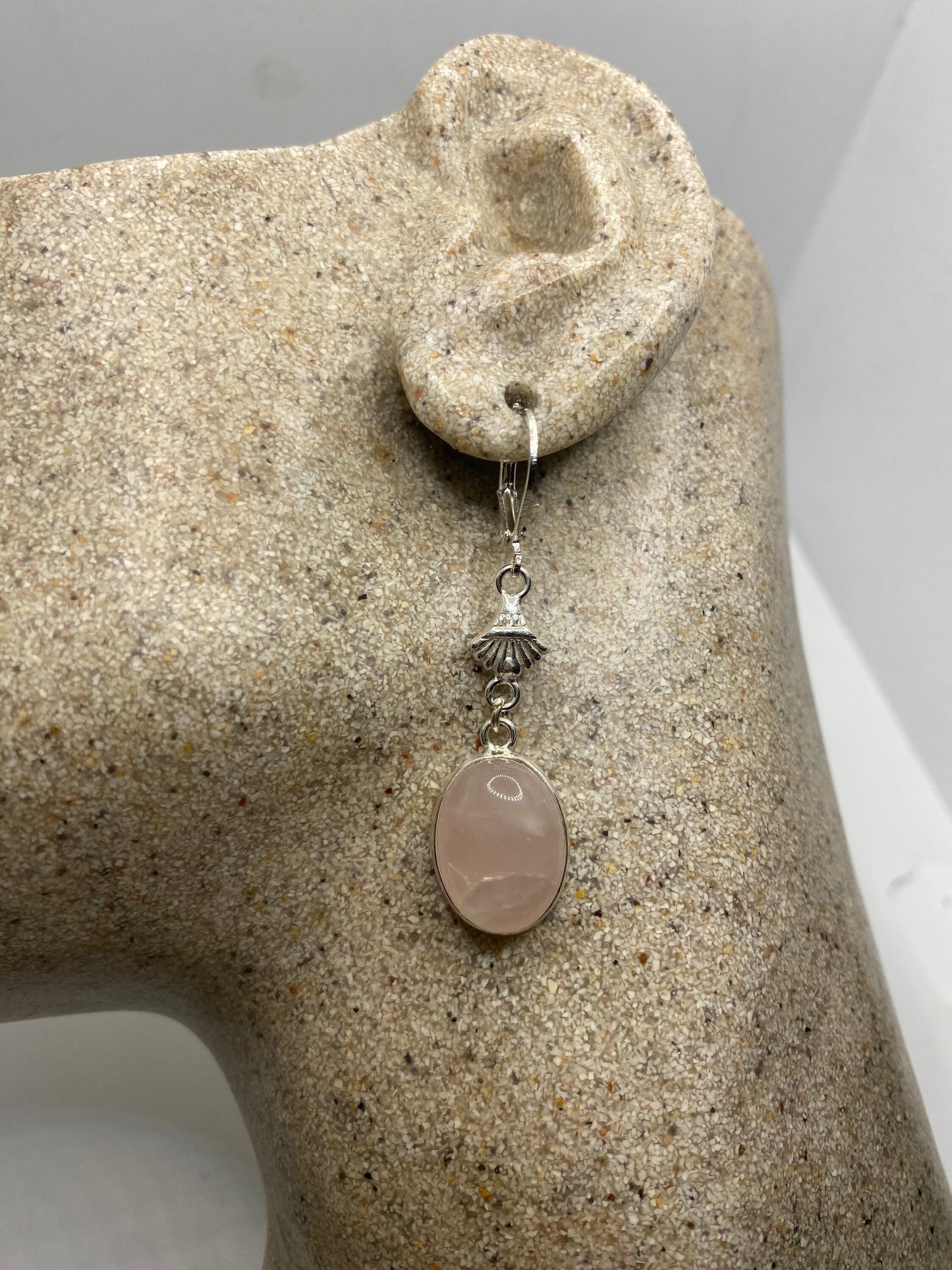 Vintage Rose Quartz Sterling Silver Lever Back Dangle Earrings