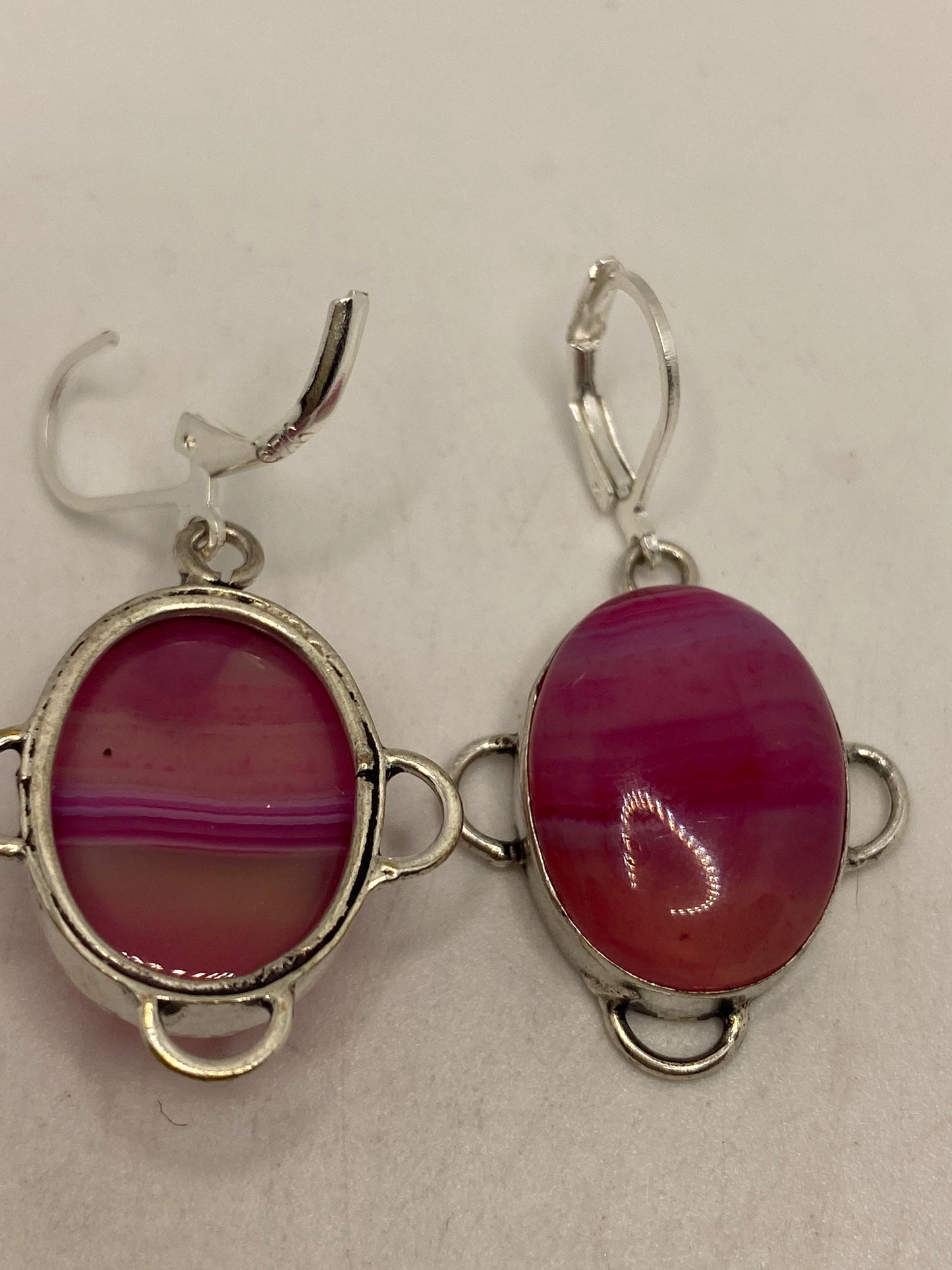 Vintage Pink Banded Agate Silver Dangle Leverback Earrings