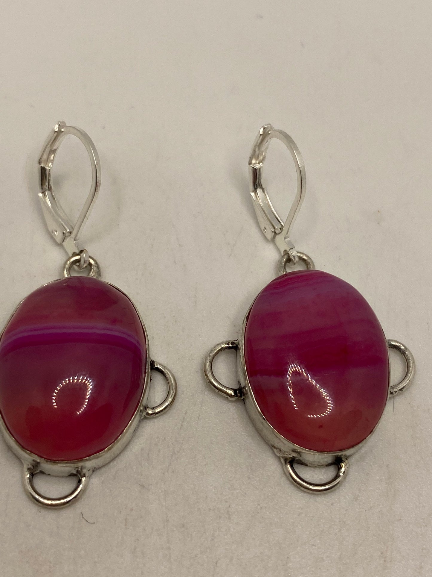 Vintage Pink Banded Agate Silver Dangle Leverback Earrings