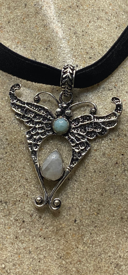 Vintage Lunar Moth Choker Blue Larimar Rainbow Moonstone Necklace