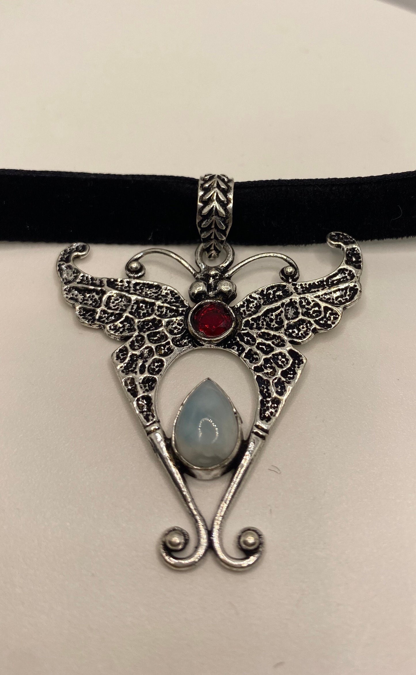 Vintage Lunar Moth Choker Blue Larimar Red garnet Necklace