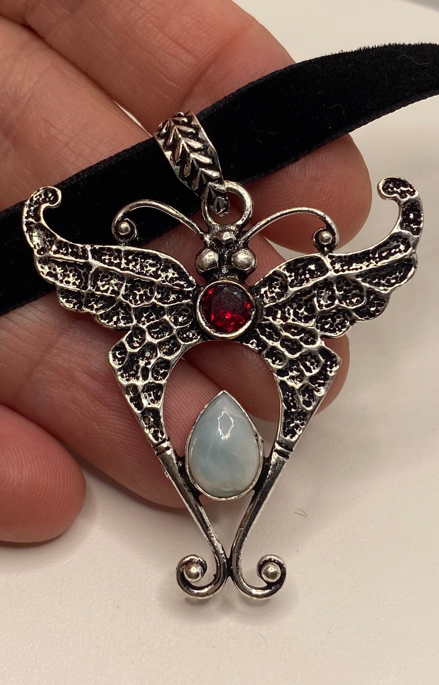 Vintage Lunar Moth Choker Blue Larimar Red garnet Necklace