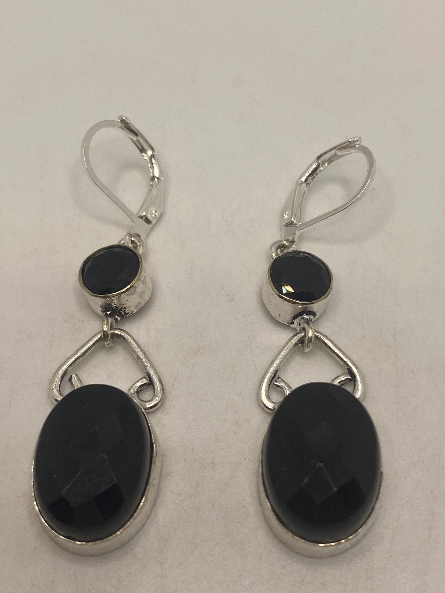 Vintage Black Onyx Earrings 925 Sterling Silver Deco Dangle Chandelier