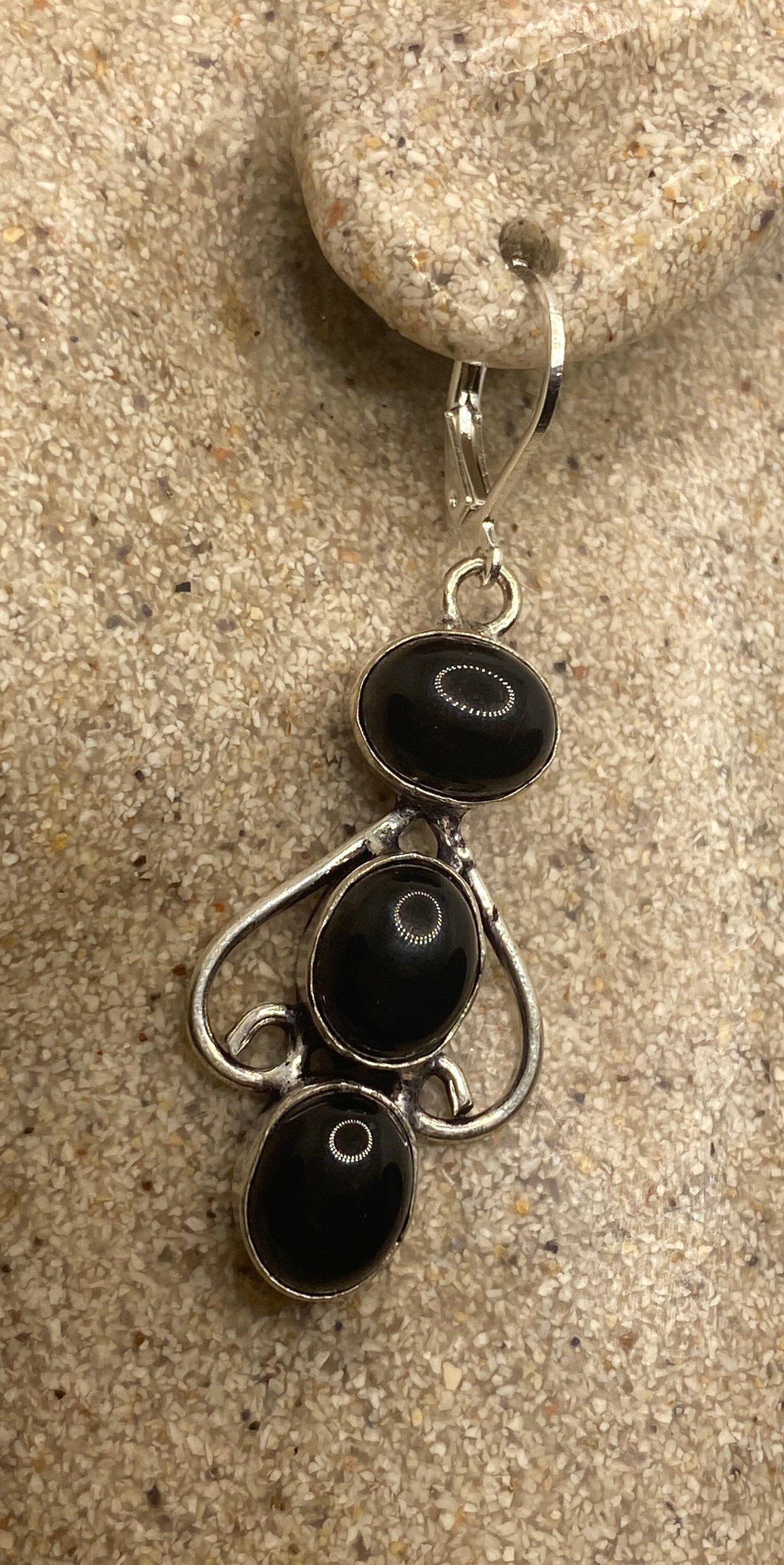 Vintage Black Onyx Earrings 925 Sterling Silver Deco Dangle Chandelier