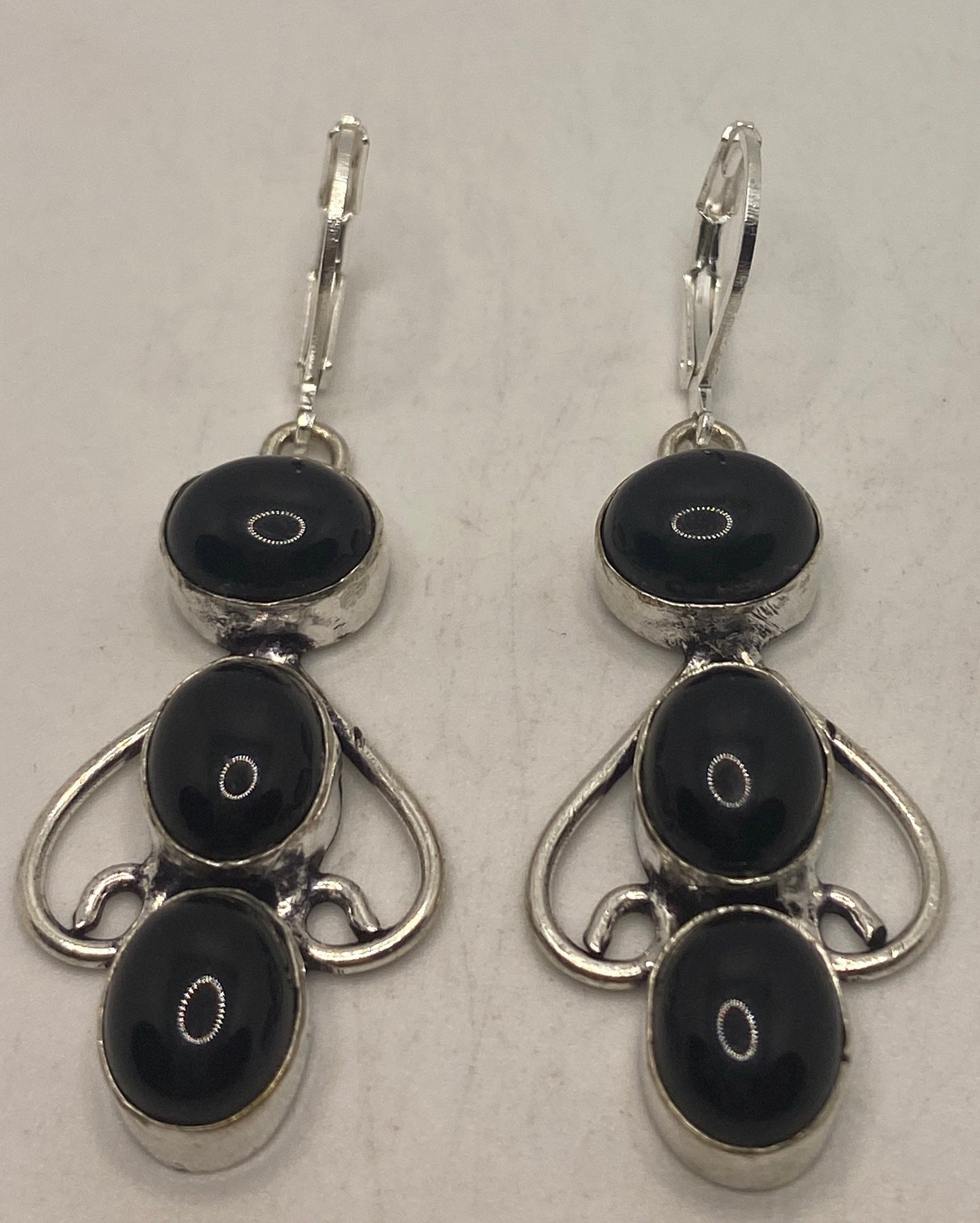 Vintage Black Onyx Earrings 925 Sterling Silver Deco Dangle Chandelier