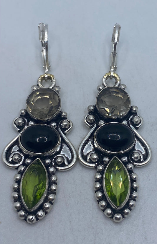 Vintage Black Onyx Earrings 925 Sterling Silver Deco Dangle Chandelier