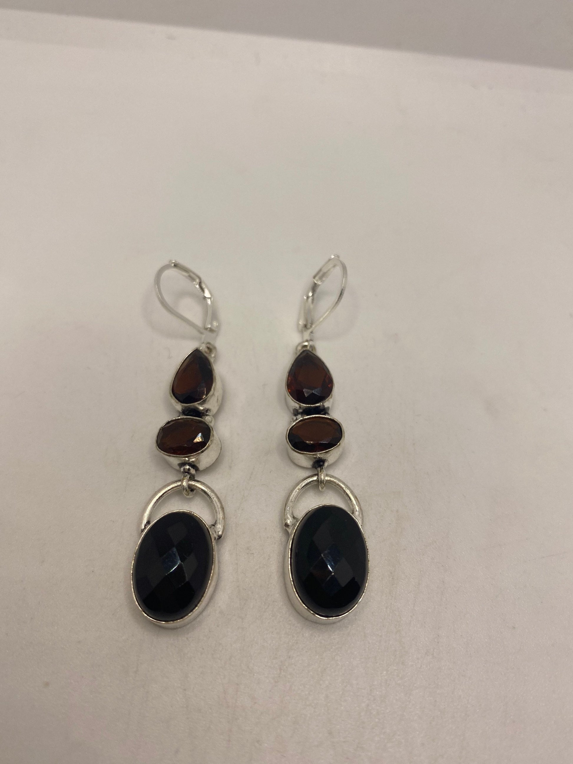 Vintage Black Onyx Earrings 925 Sterling Silver Deco Dangle Chandelier