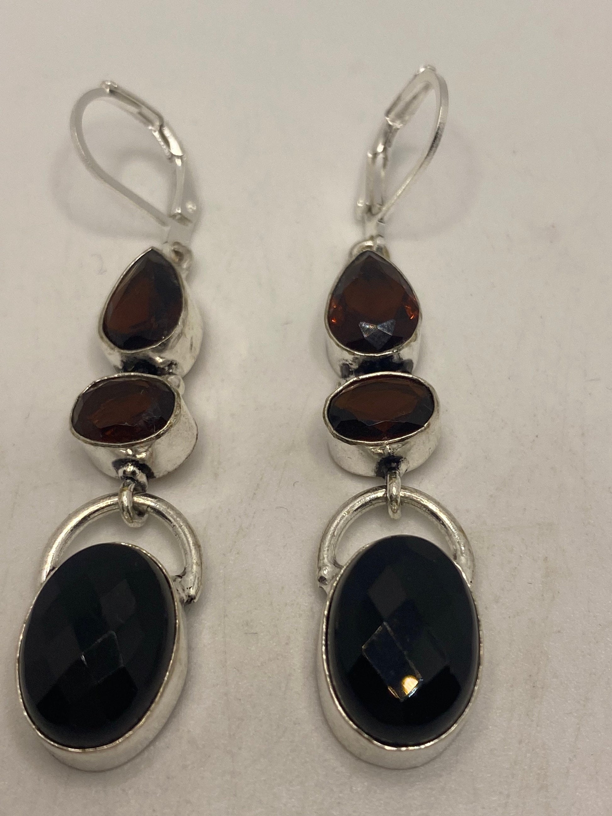 Vintage Black Onyx Earrings 925 Sterling Silver Deco Dangle Chandelier