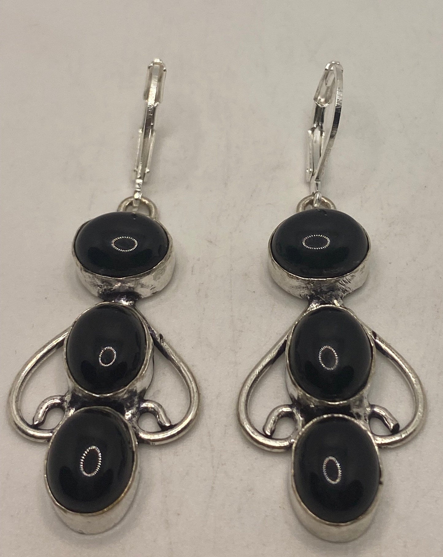 Vintage Black Onyx Earrings 925 Sterling Silver Deco Dangle Chandelier