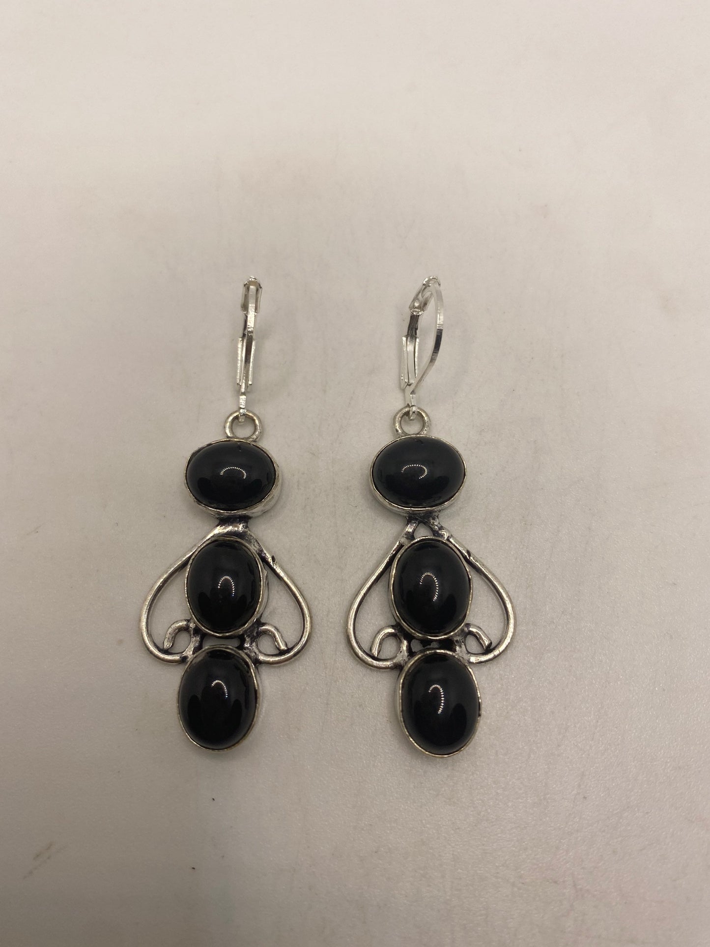 Vintage Black Onyx Earrings 925 Sterling Silver Deco Dangle Chandelier