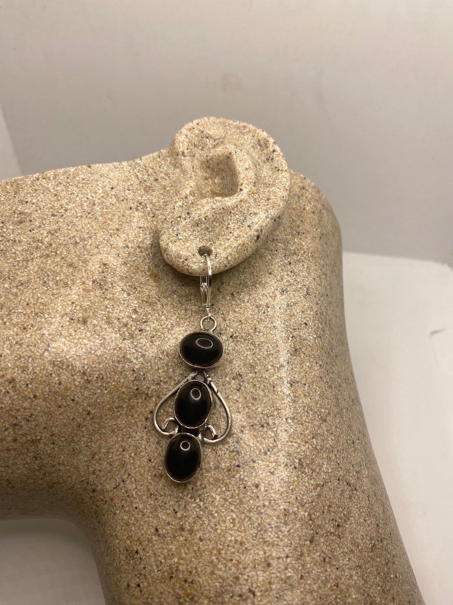 Vintage Black Onyx Earrings 925 Sterling Silver Deco Dangle Chandelier