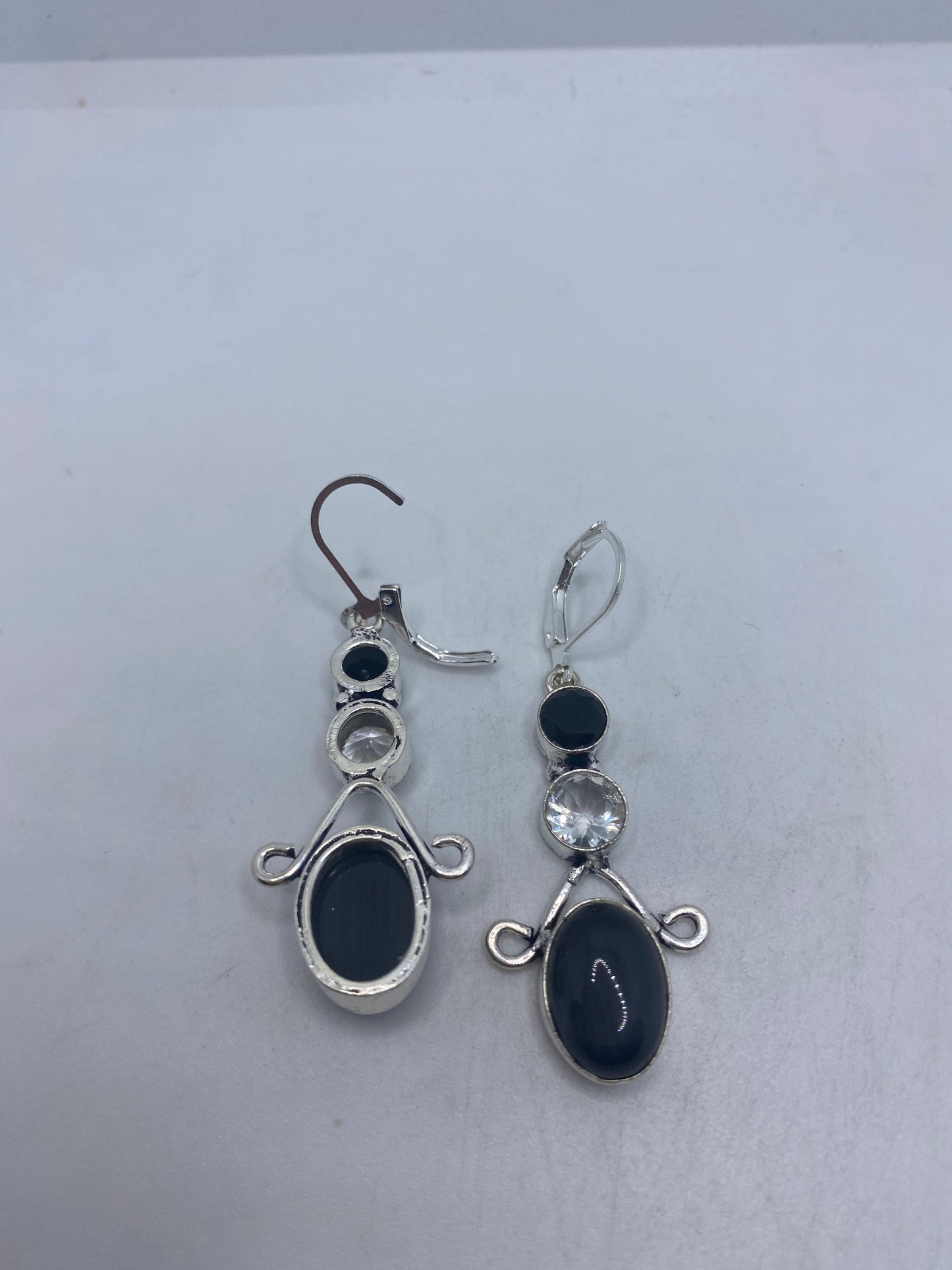 Vintage Lab Black Cats Eye 925 Sterling Silver Deco Dangle Earrings