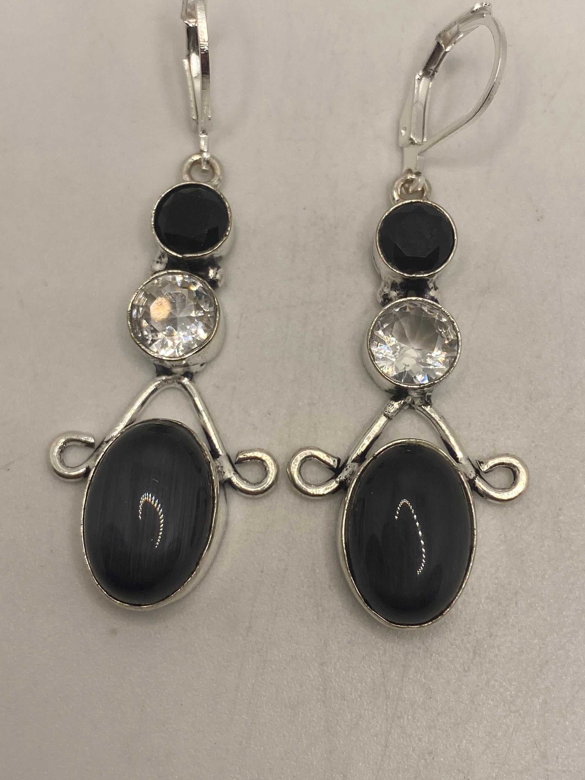 Vintage Lab Black Cats Eye 925 Sterling Silver Deco Dangle Earrings