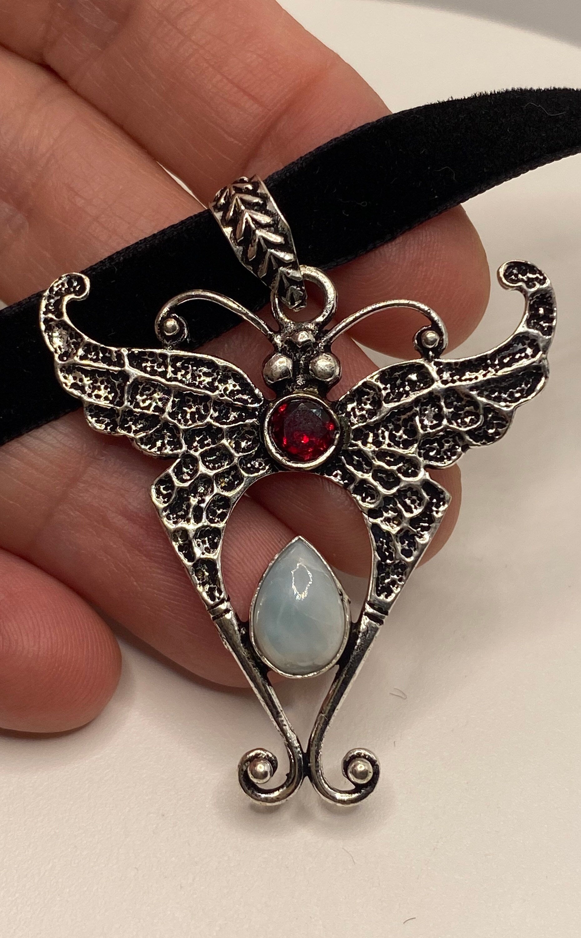 Vintage Lunar Moth Choker Blue Larimar and Garnet Necklace