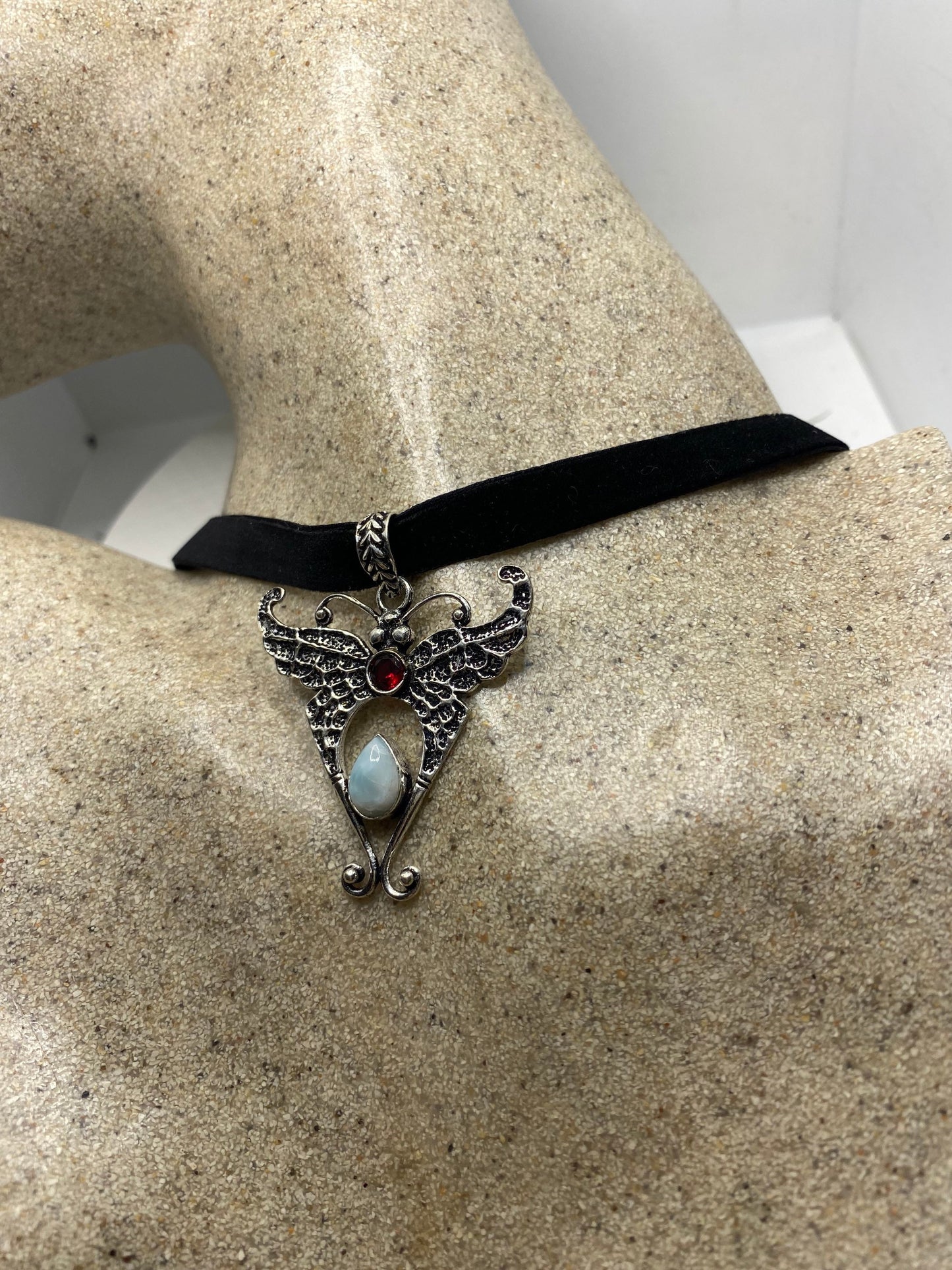 Vintage Lunar Moth Choker Blue Larimar and Garnet Necklace