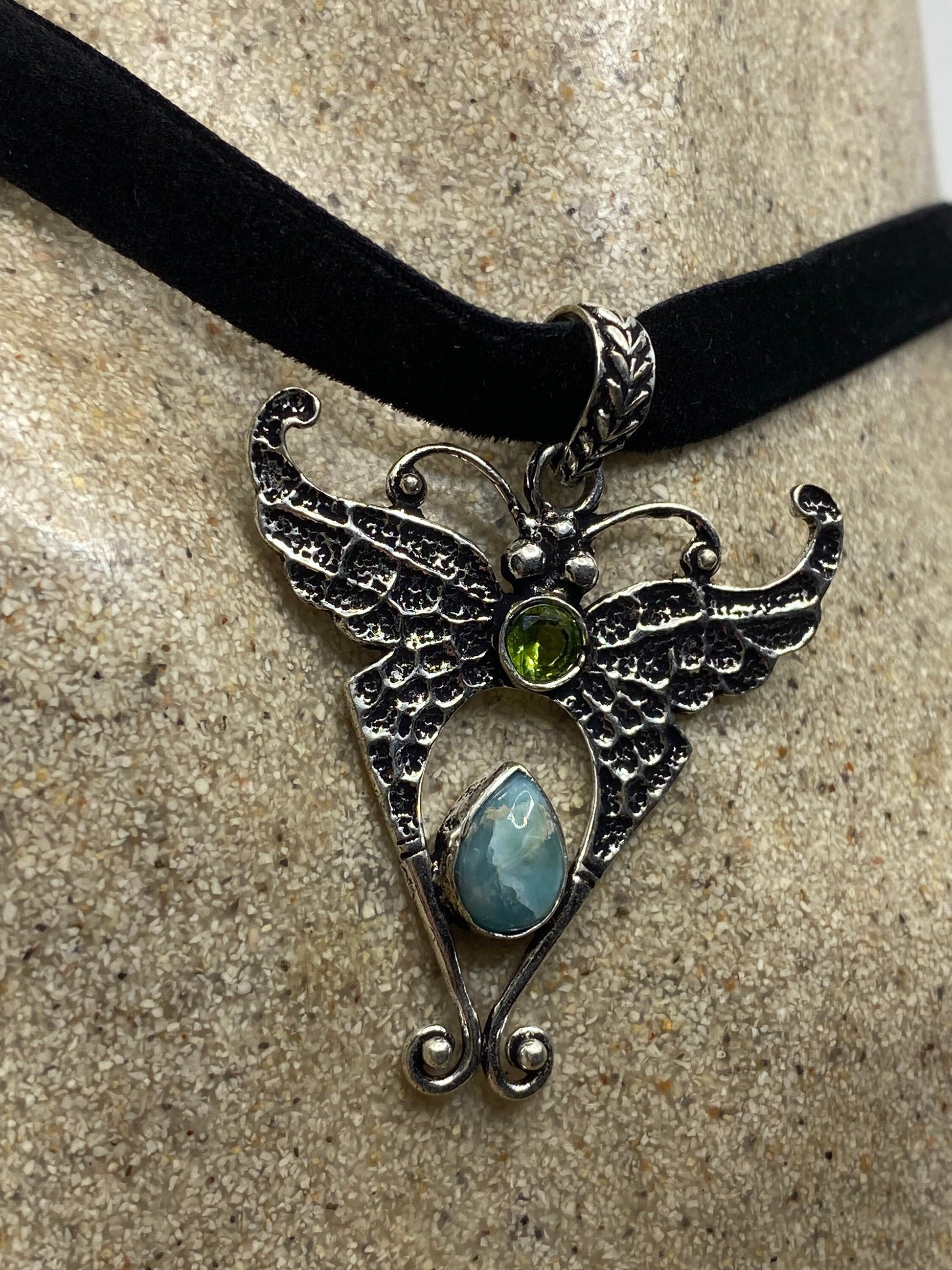 Vintage Lunar Moth Choker Blue Larimar and Peridot Necklace