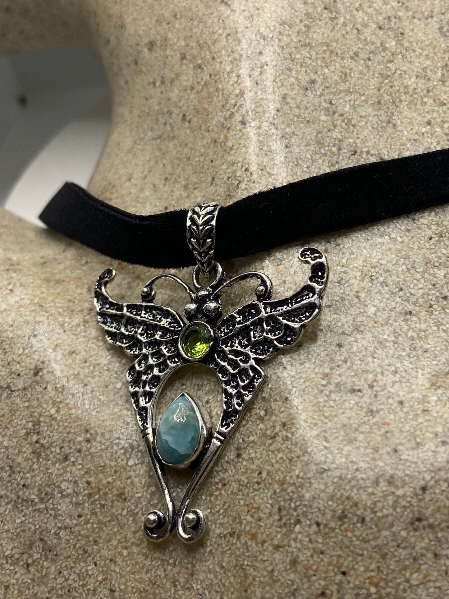 Vintage Lunar Moth Choker Blue Larimar and Peridot Necklace