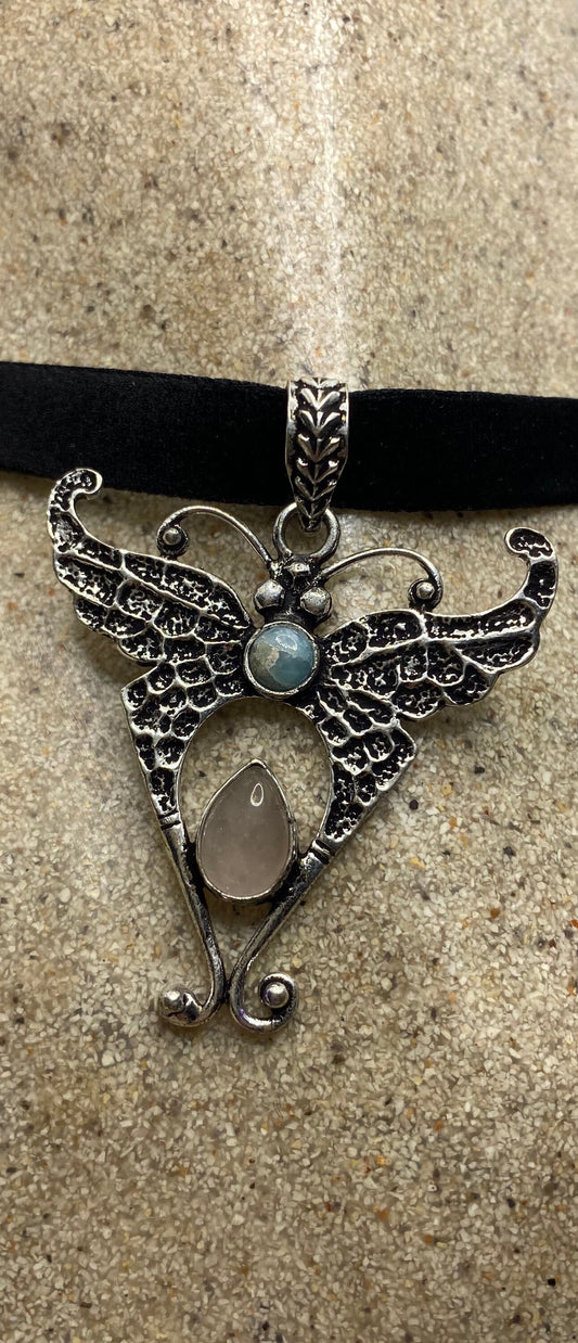 Vintage Lunar Moth Choker Blue Larimar and Rose Quartz Necklace
