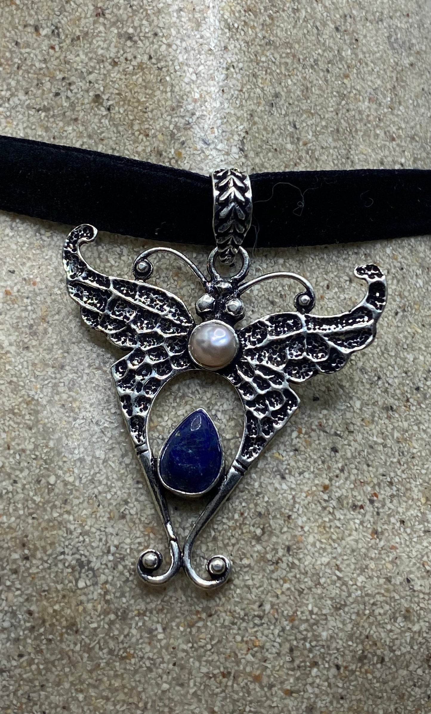 Vintage Lunar Moth Choker Blue Lapis and Pink Pearl Necklace
