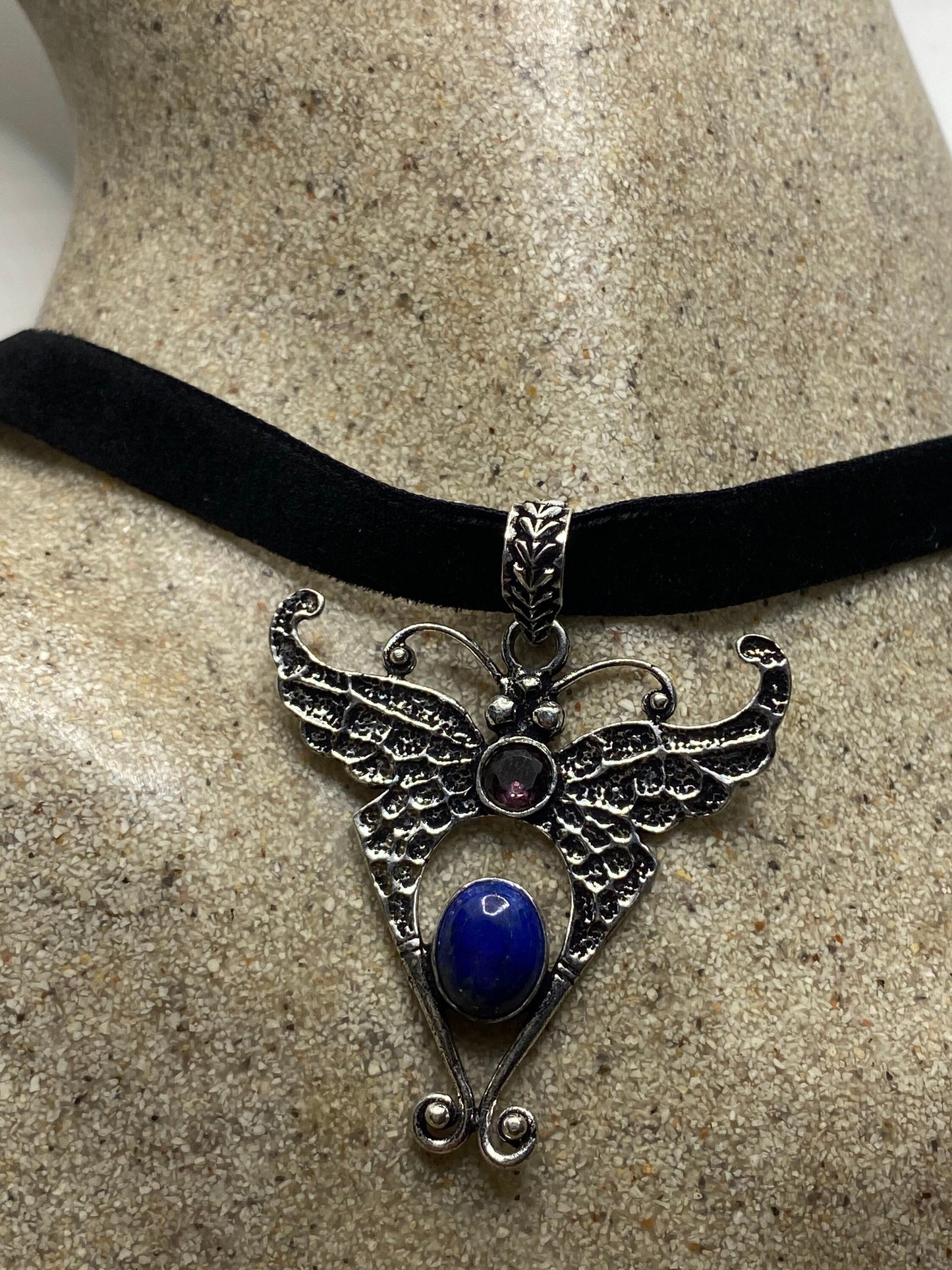Vintage Lunar Moth Choker Blue Lapis and Amethyst Necklace