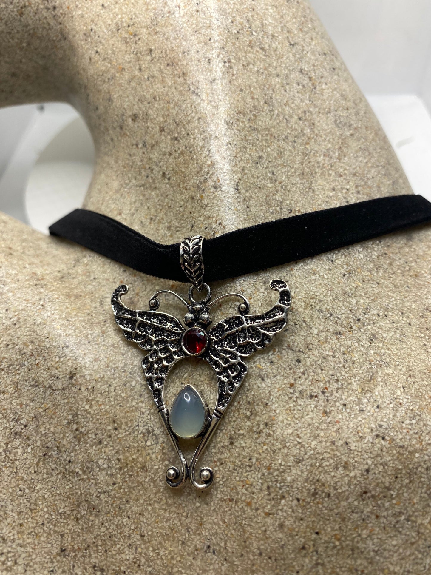 Vintage Lunar Moth Choker Blue Chalcedony Red garnet Necklace