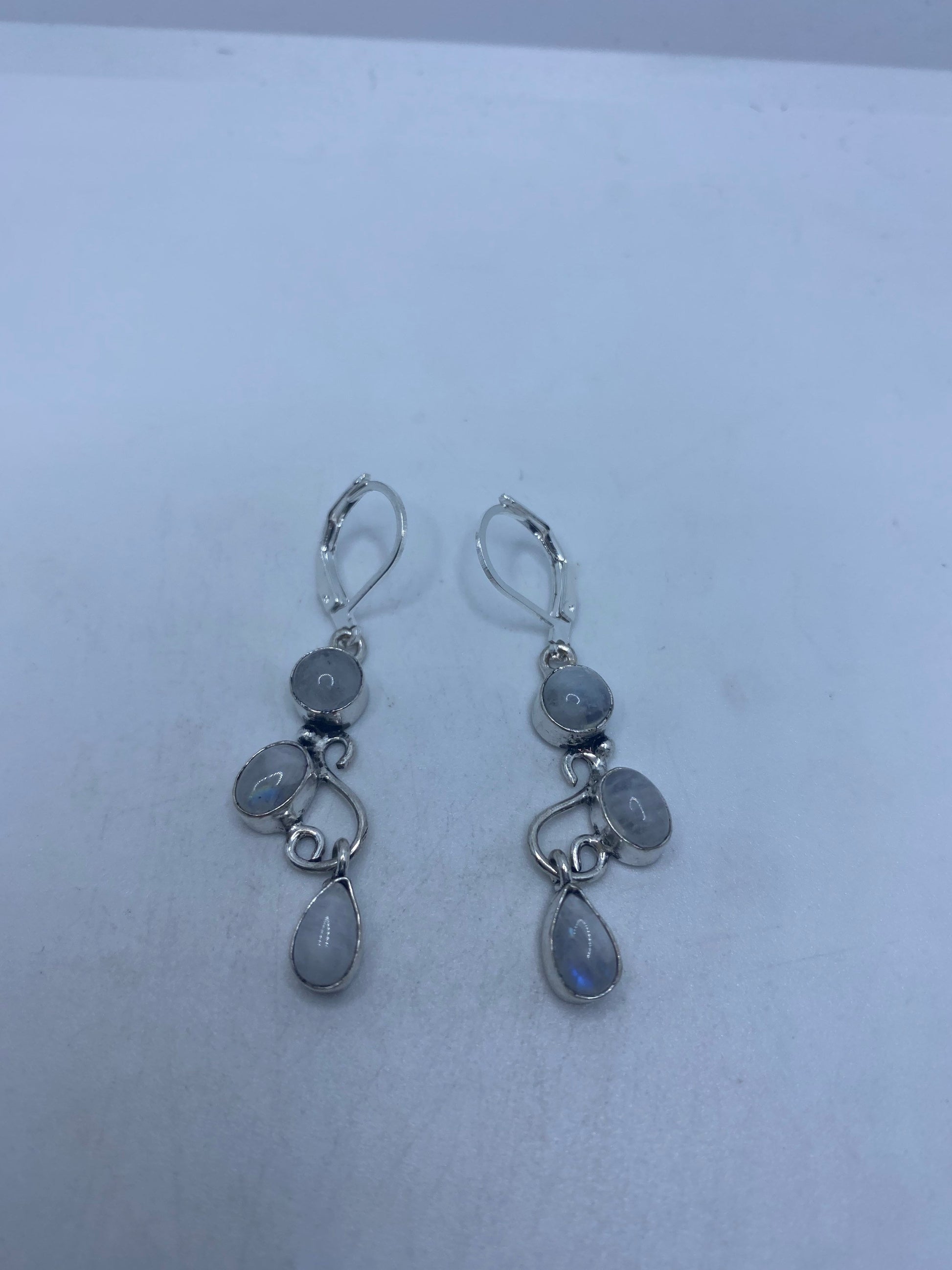 Vintage Rainbow Moonstone Sterling Silver Lever Back Dangle Earrings