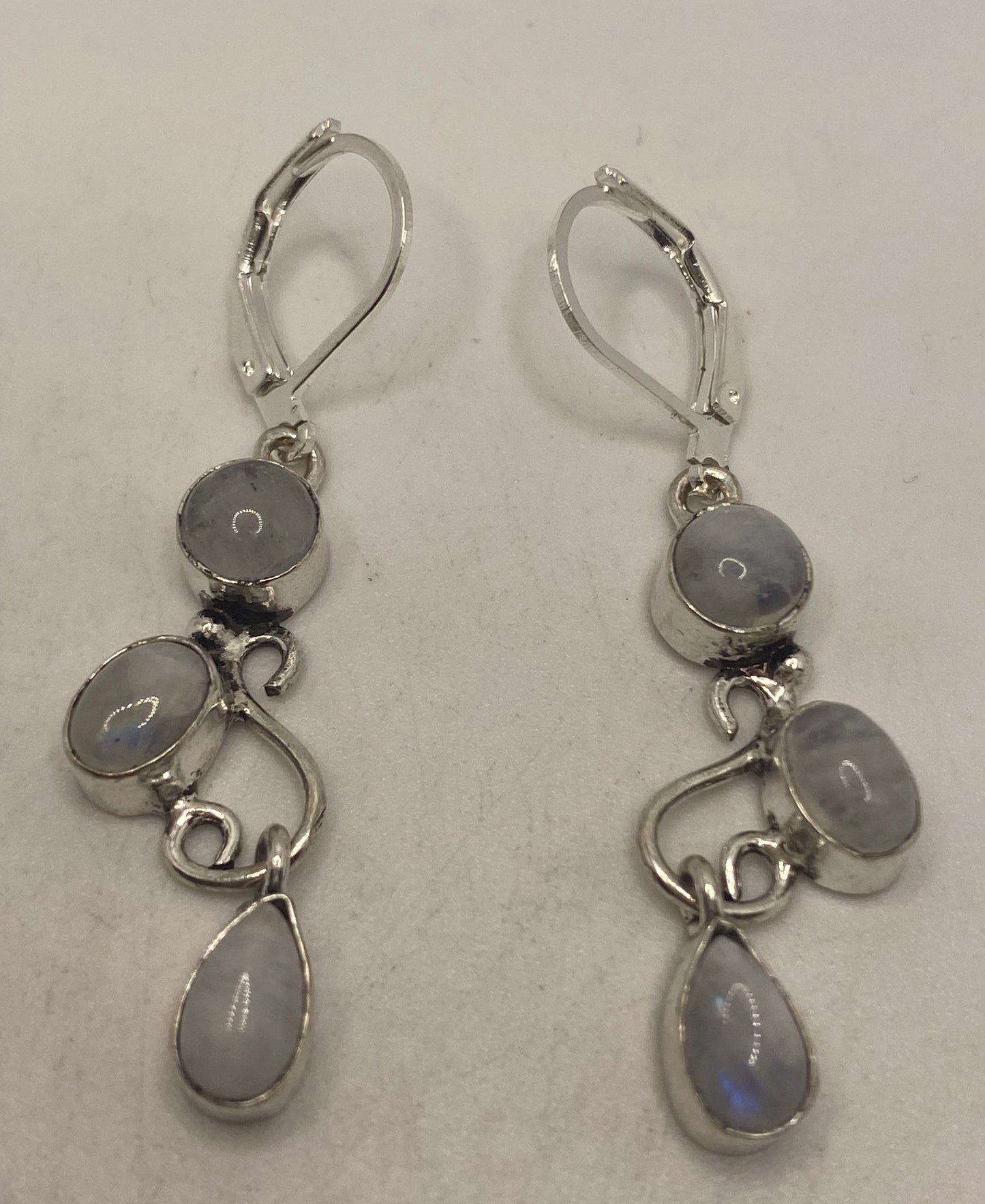 Vintage Rainbow Moonstone Sterling Silver Lever Back Dangle Earrings