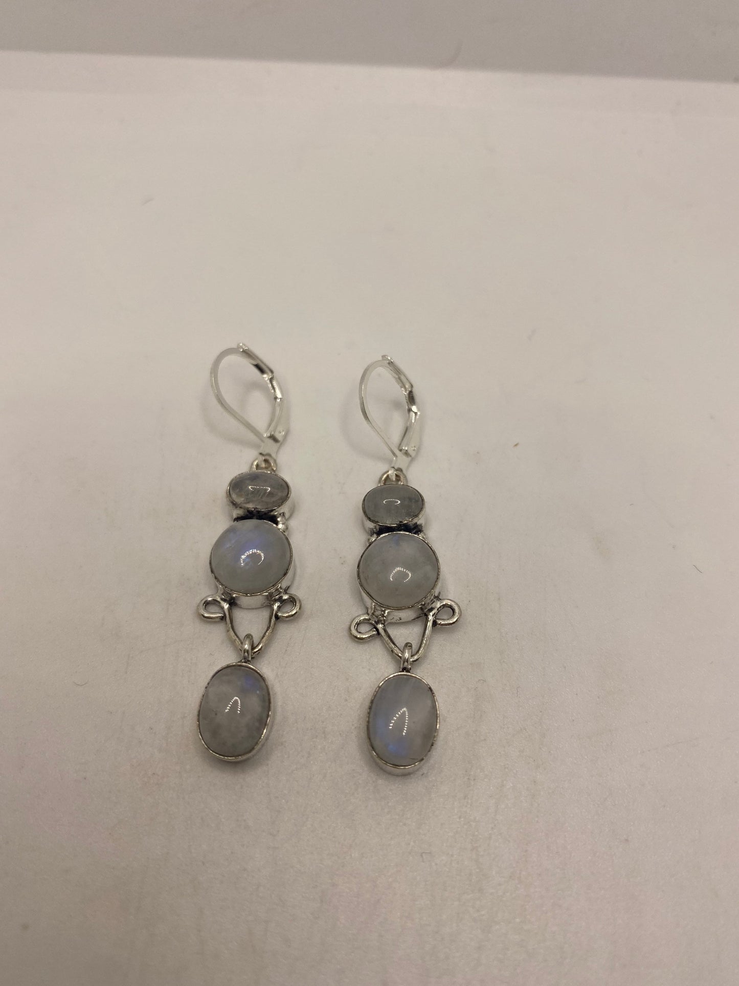 Vintage Rainbow Moonstone Sterling Silver Lever Back Dangle Earrings