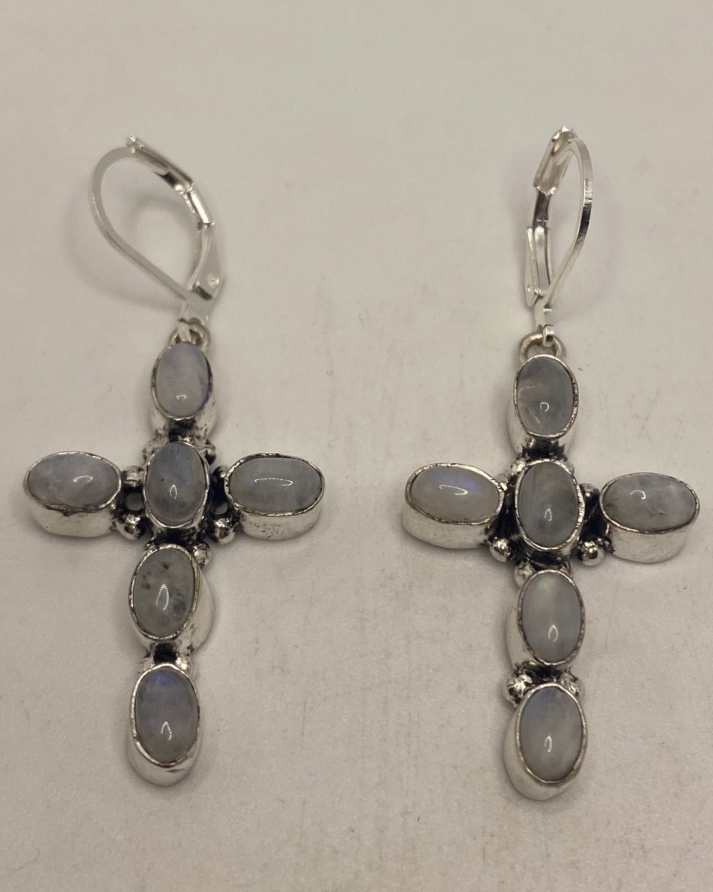 Vintage Rainbow Moonstone Cross Sterling Silver Lever Back Dangle Earrings