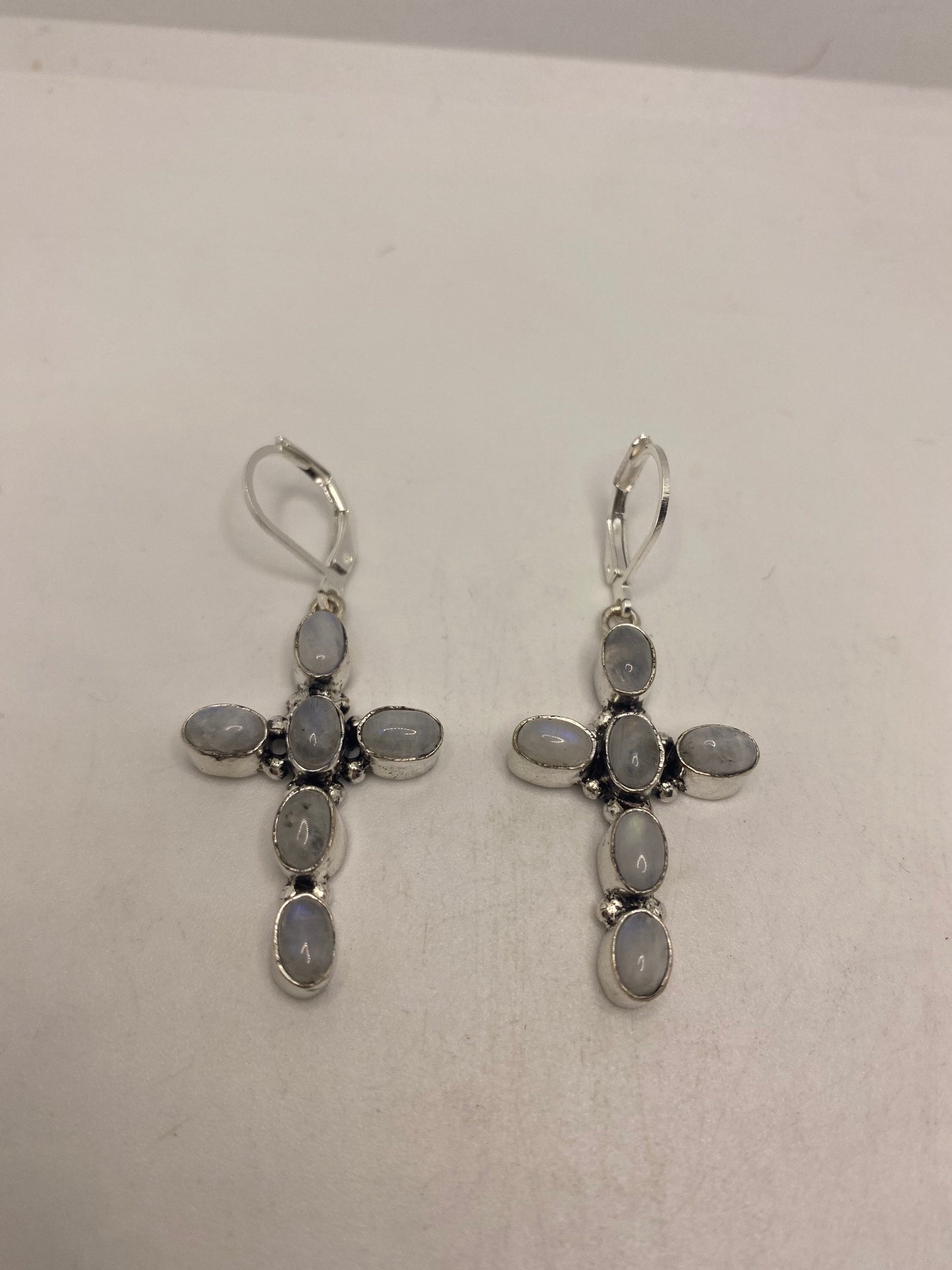 Vintage Rainbow Moonstone Cross Sterling Silver Lever Back Dangle Earrings