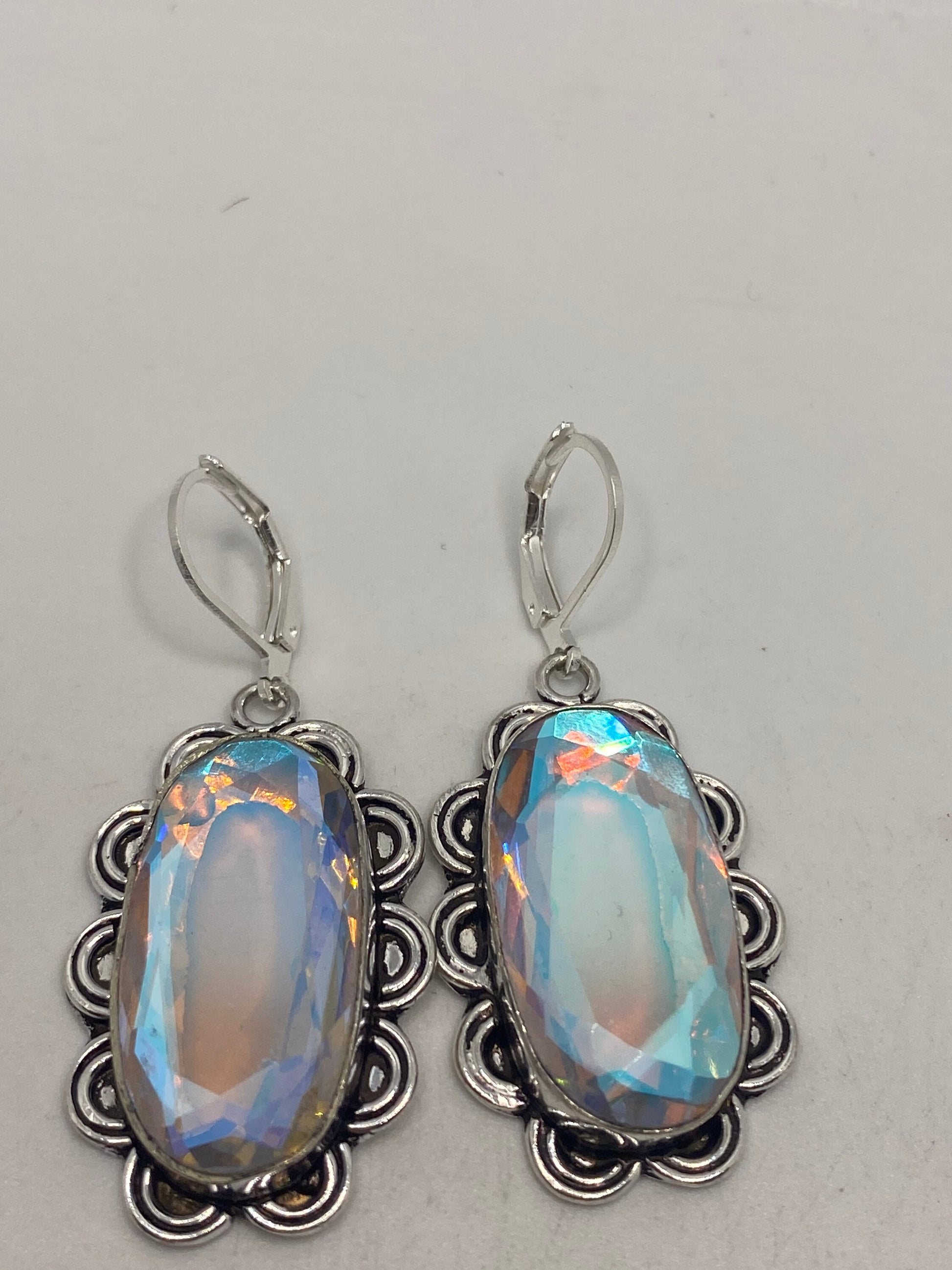 Vintage Opal Glass Silver Dangle Earrings Chandelier