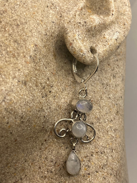 Vintage Rainbow Moonstone Sterling Silver Lever Back Dangle Earrings