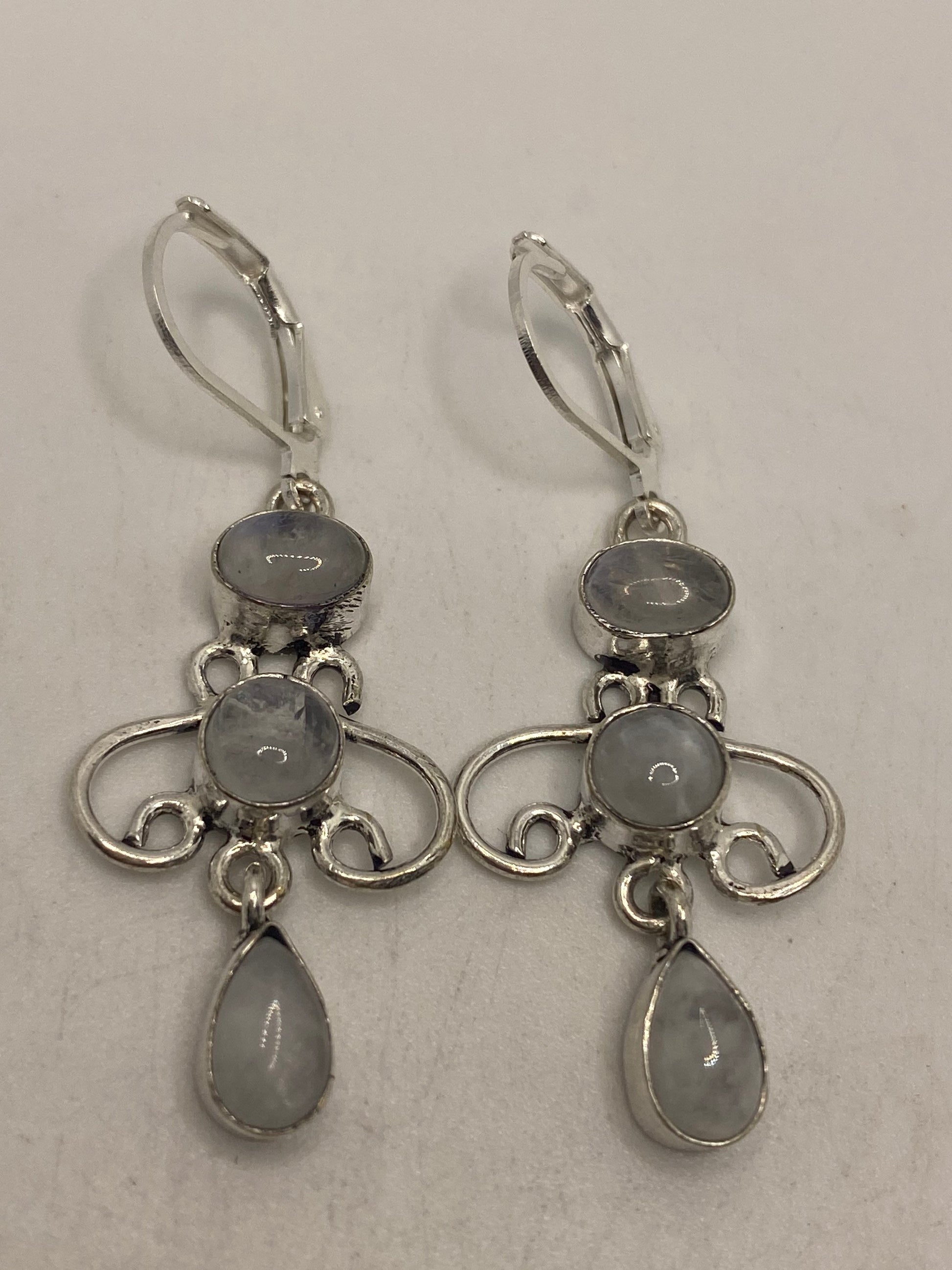 Vintage Rainbow Moonstone Sterling Silver Lever Back Dangle Earrings