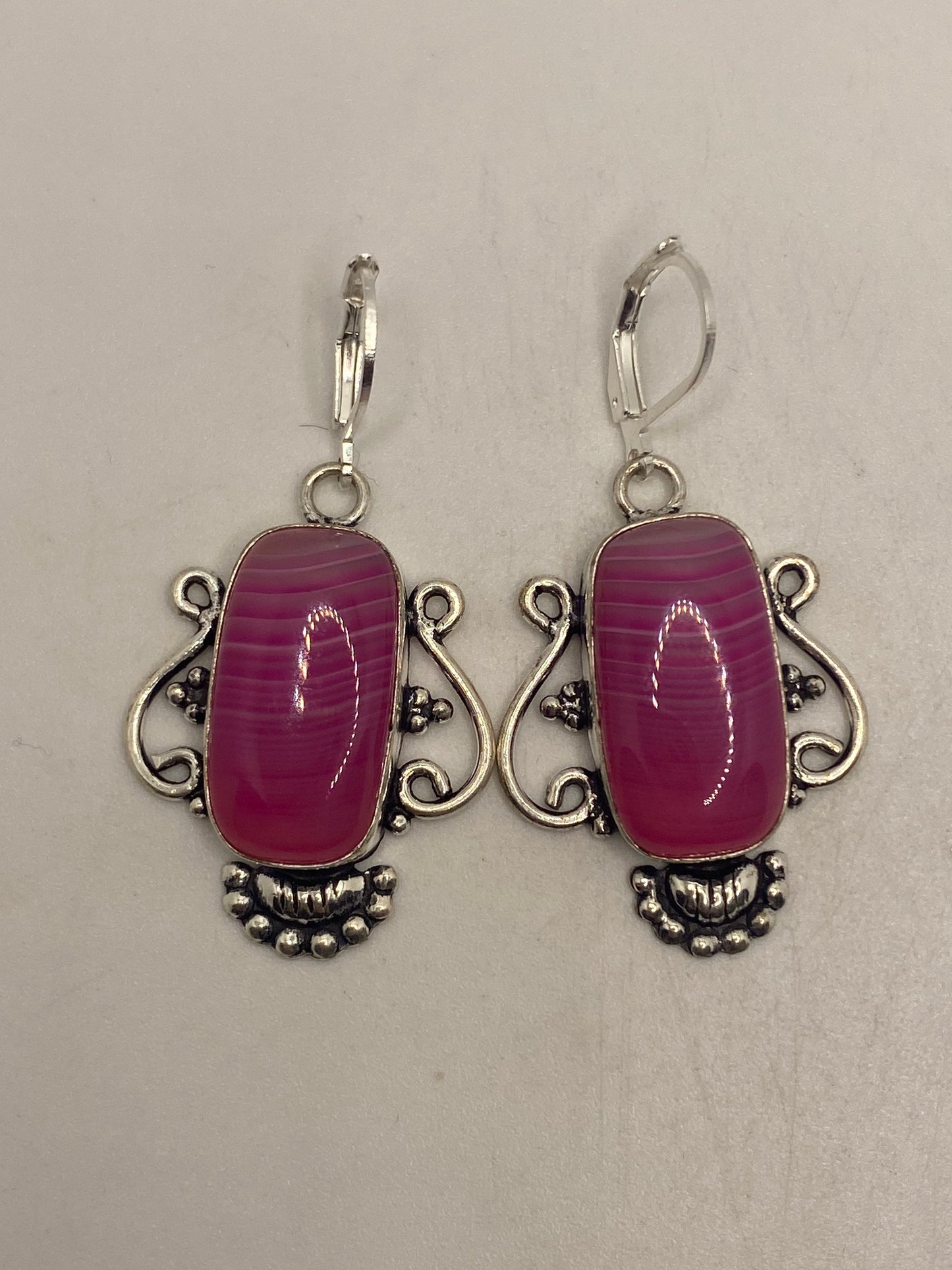 Vintage Pink Banded Agate Silver Dangle Leverback Earrings