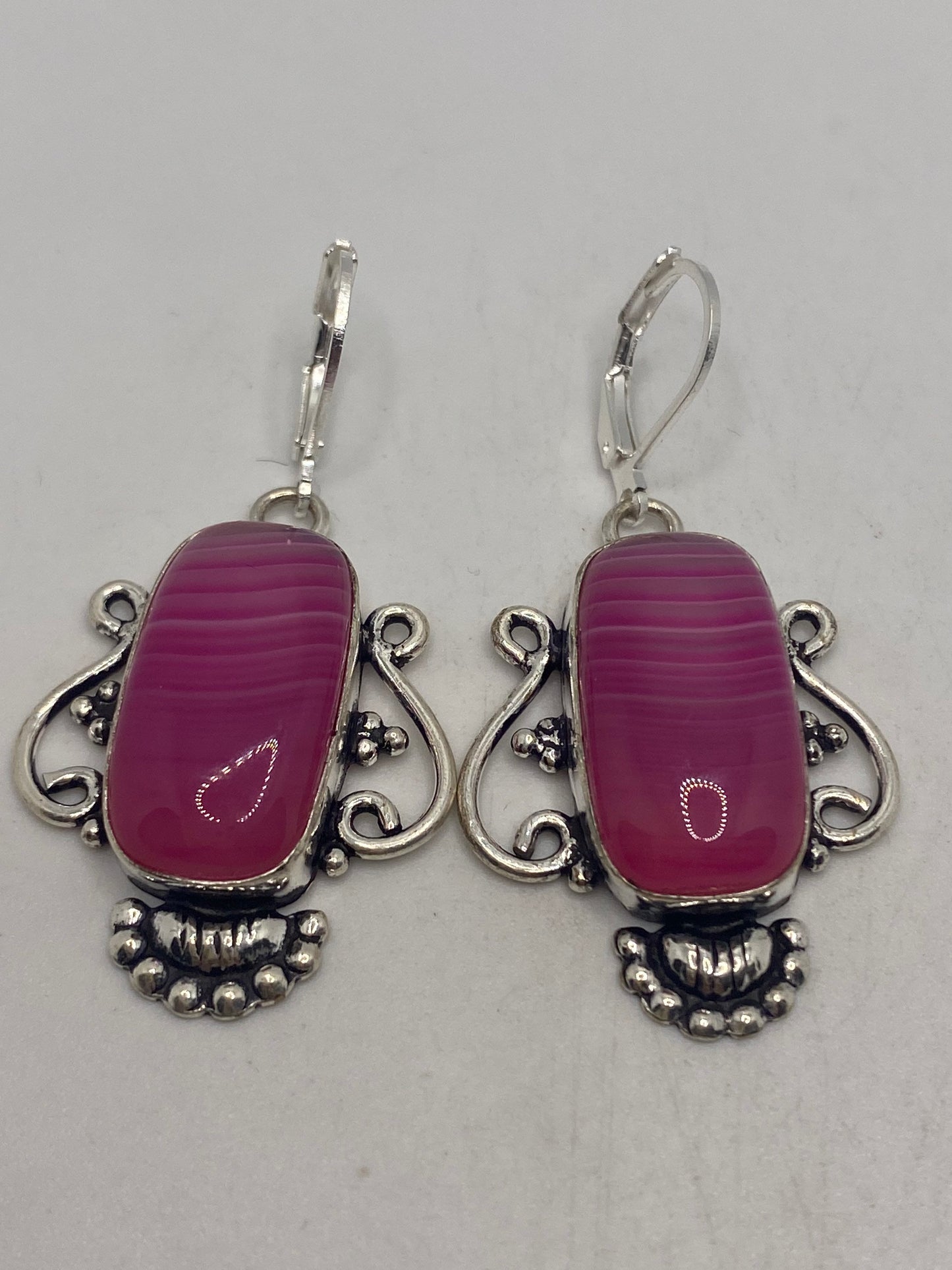 Vintage Pink Banded Agate Silver Dangle Leverback Earrings