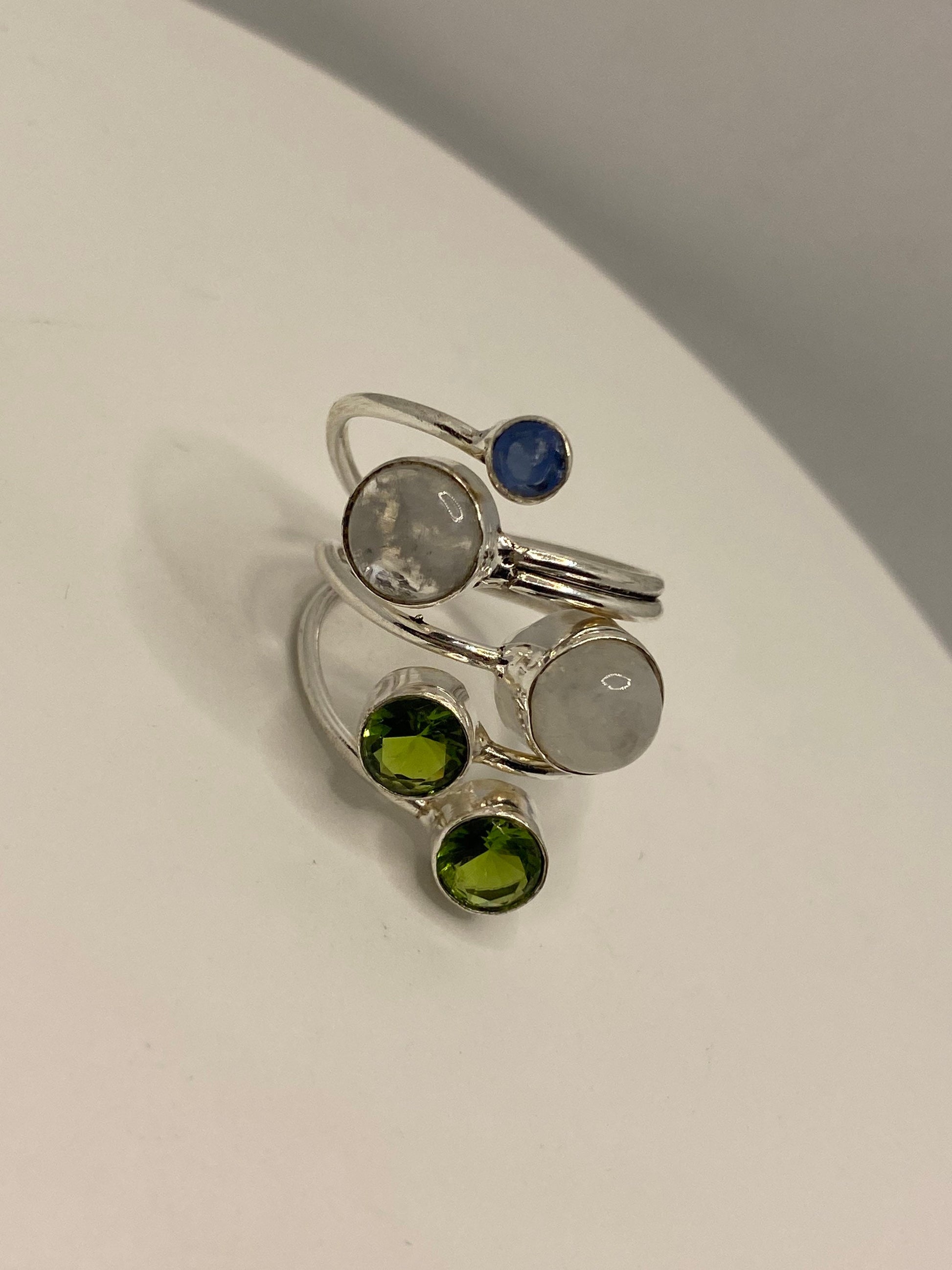 Vintage Large Blue White Rainbow Moonstone Peridot Stone Silver Adjustable Ring