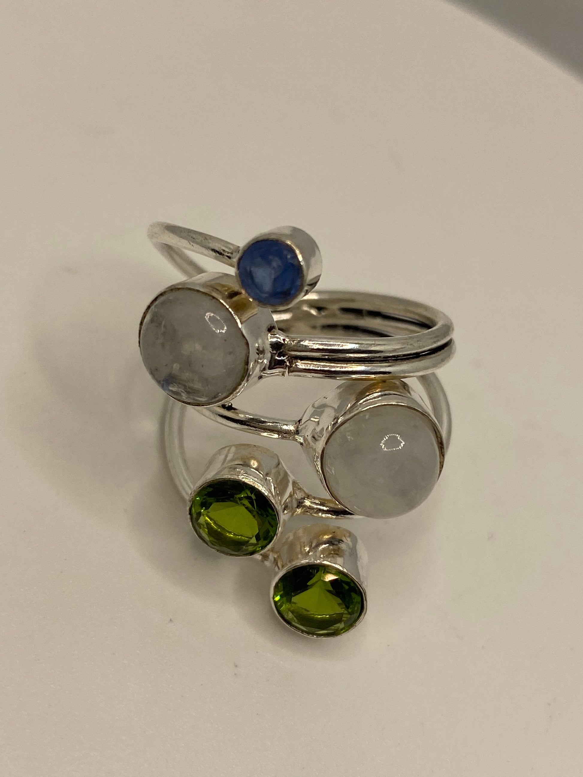 Vintage Large Blue White Rainbow Moonstone Peridot Stone Silver Adjustable Ring