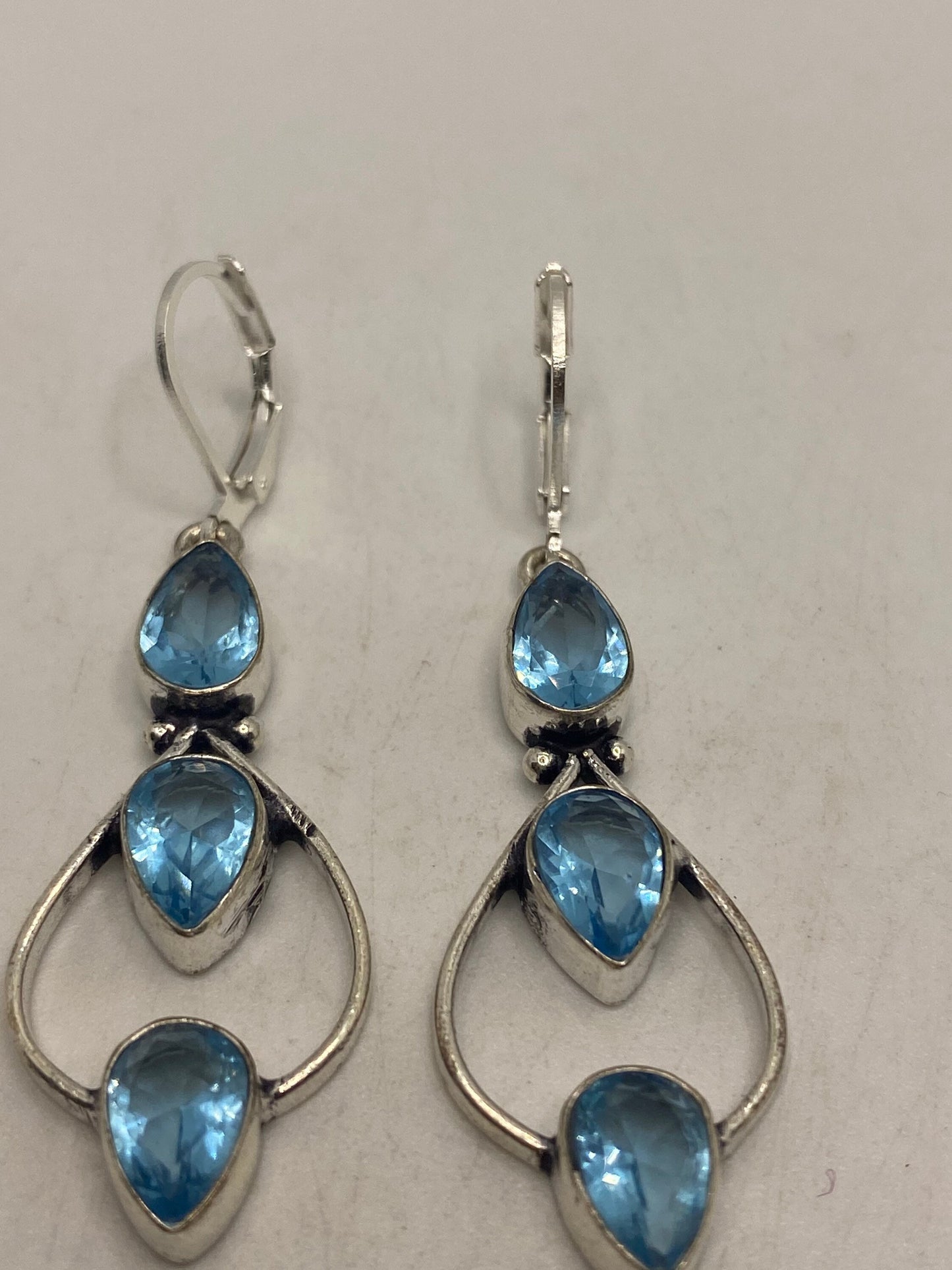 Vintage Blue Topaz LeverBack Earrings 925 Sterling Silver Dangle