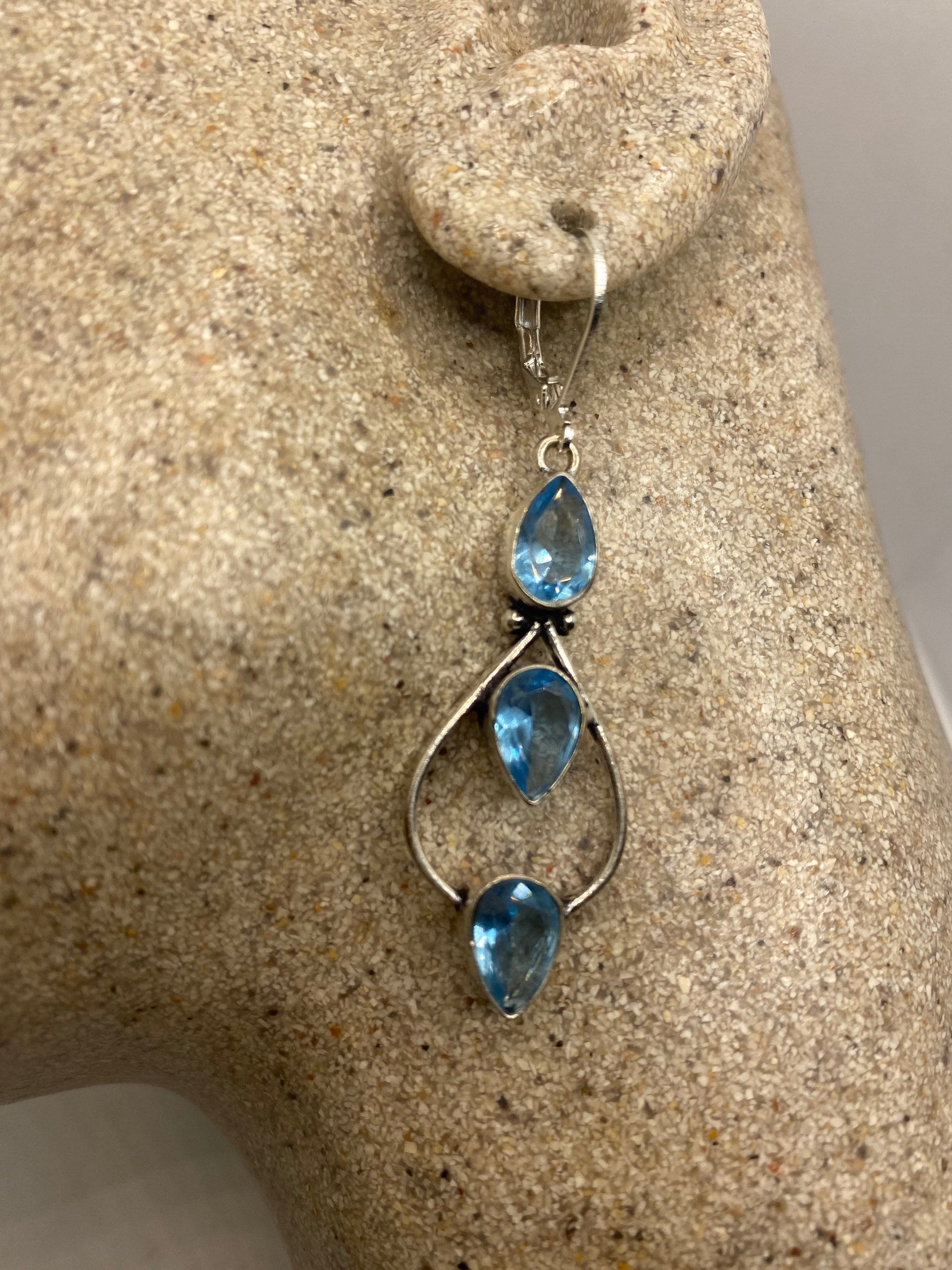 Vintage Blue Topaz LeverBack Earrings 925 Sterling Silver Dangle