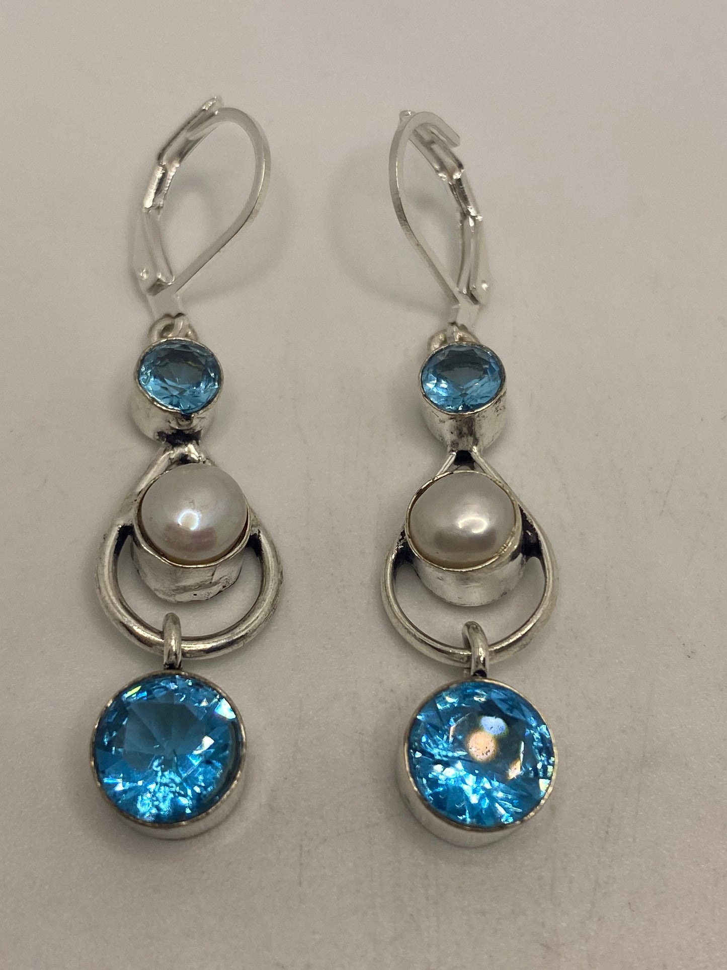 Vintage Blue Topaz LeverBack Earrings 925 Sterling Silver Dangle