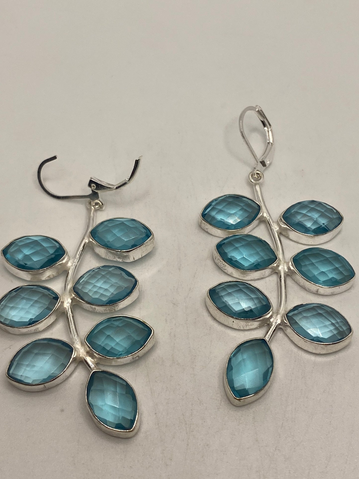 Antique Vintage Aqua Blue Volcanic Glass Silver Dangle Earrings