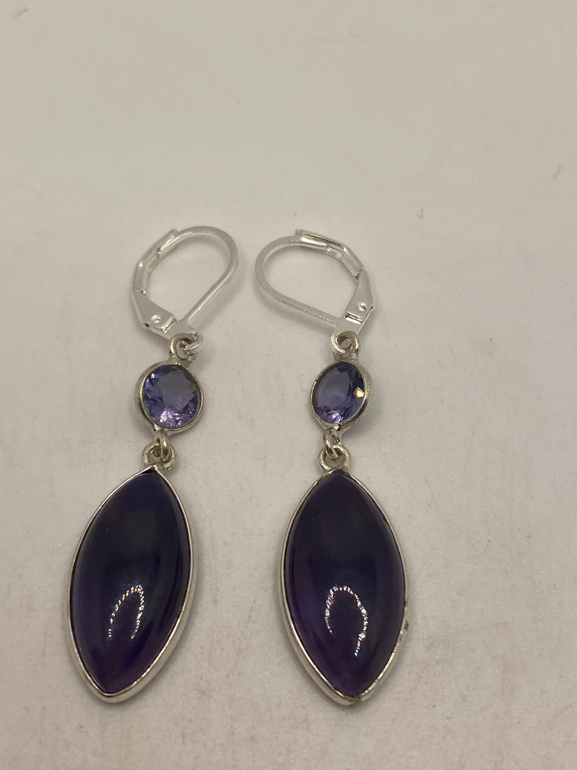 Vintage Purple Amethyst Earrings 925 Sterling Silver Leverback