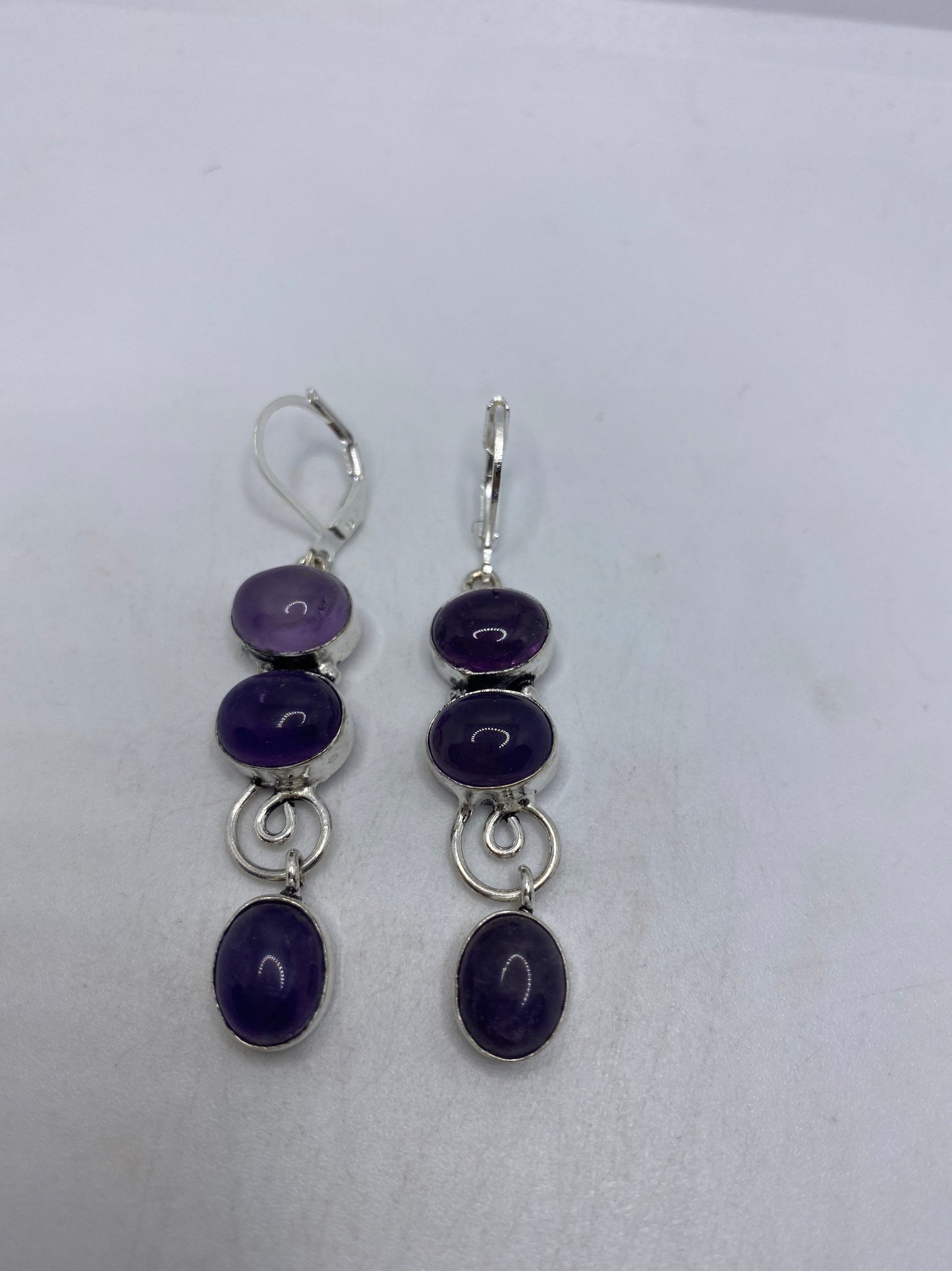 Vintage Purple Amethyst Earrings 925 Sterling Silver Leverback