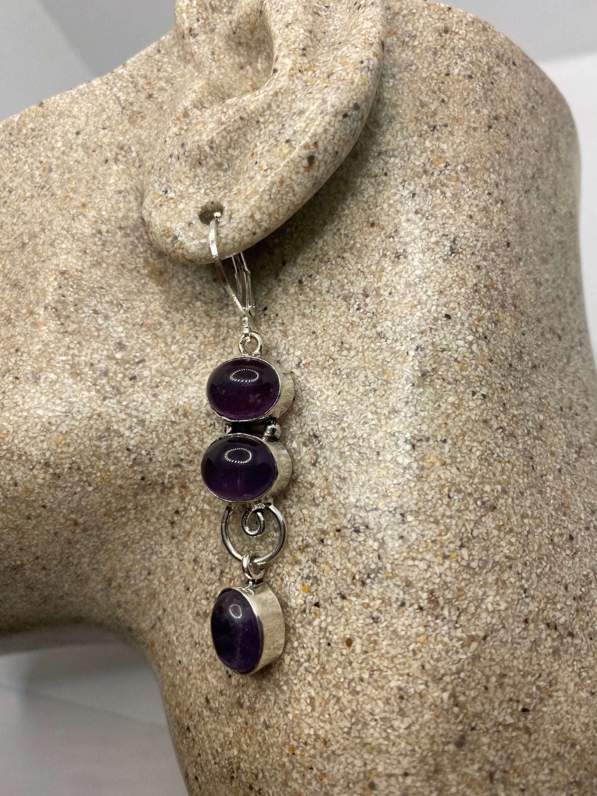 Vintage Purple Amethyst Earrings 925 Sterling Silver Leverback