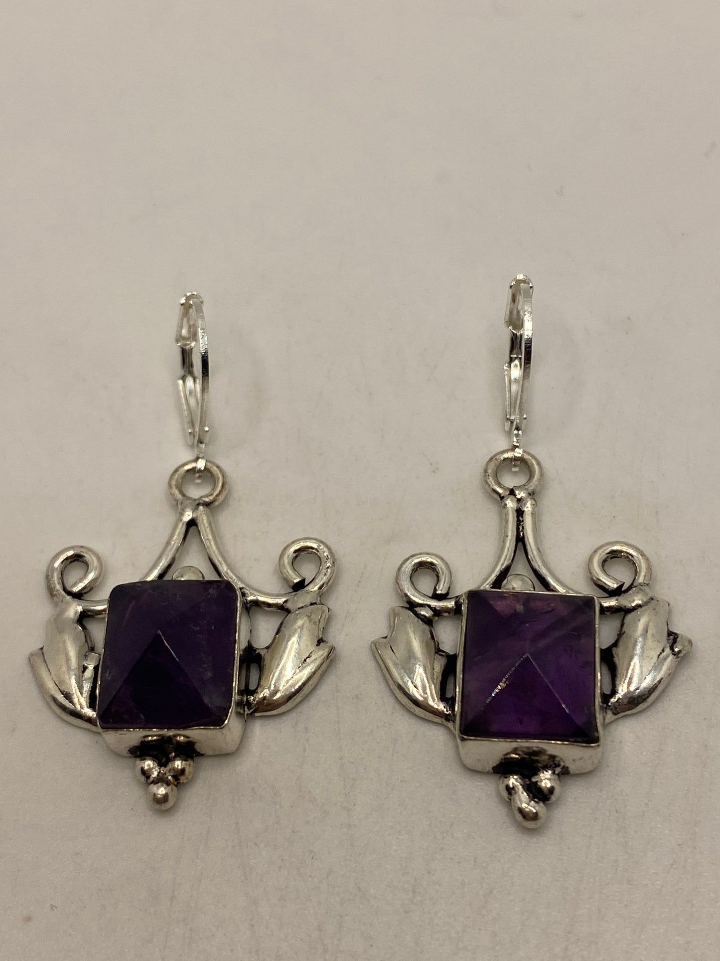 Vintage Purple Amethyst Earrings 925 Sterling Silver Leverback