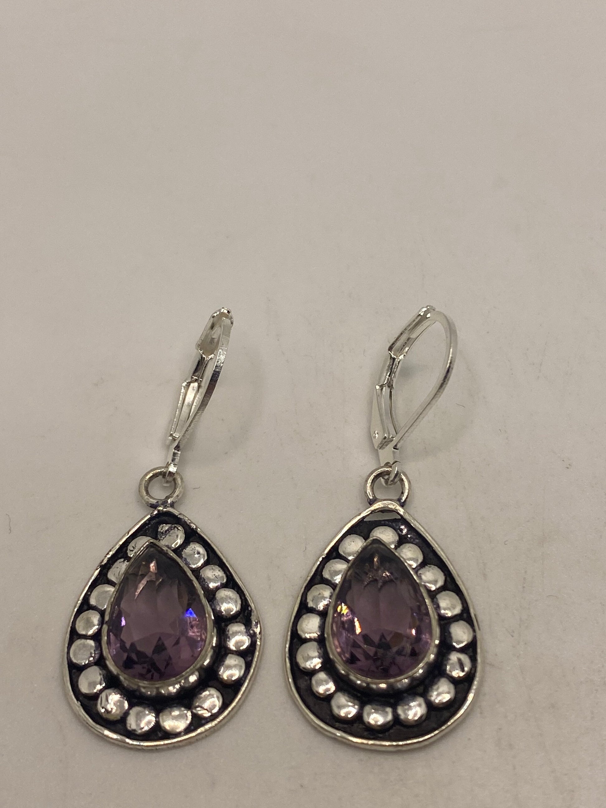 Vintage Purple Amethyst Earrings 925 Sterling Silver Leverback