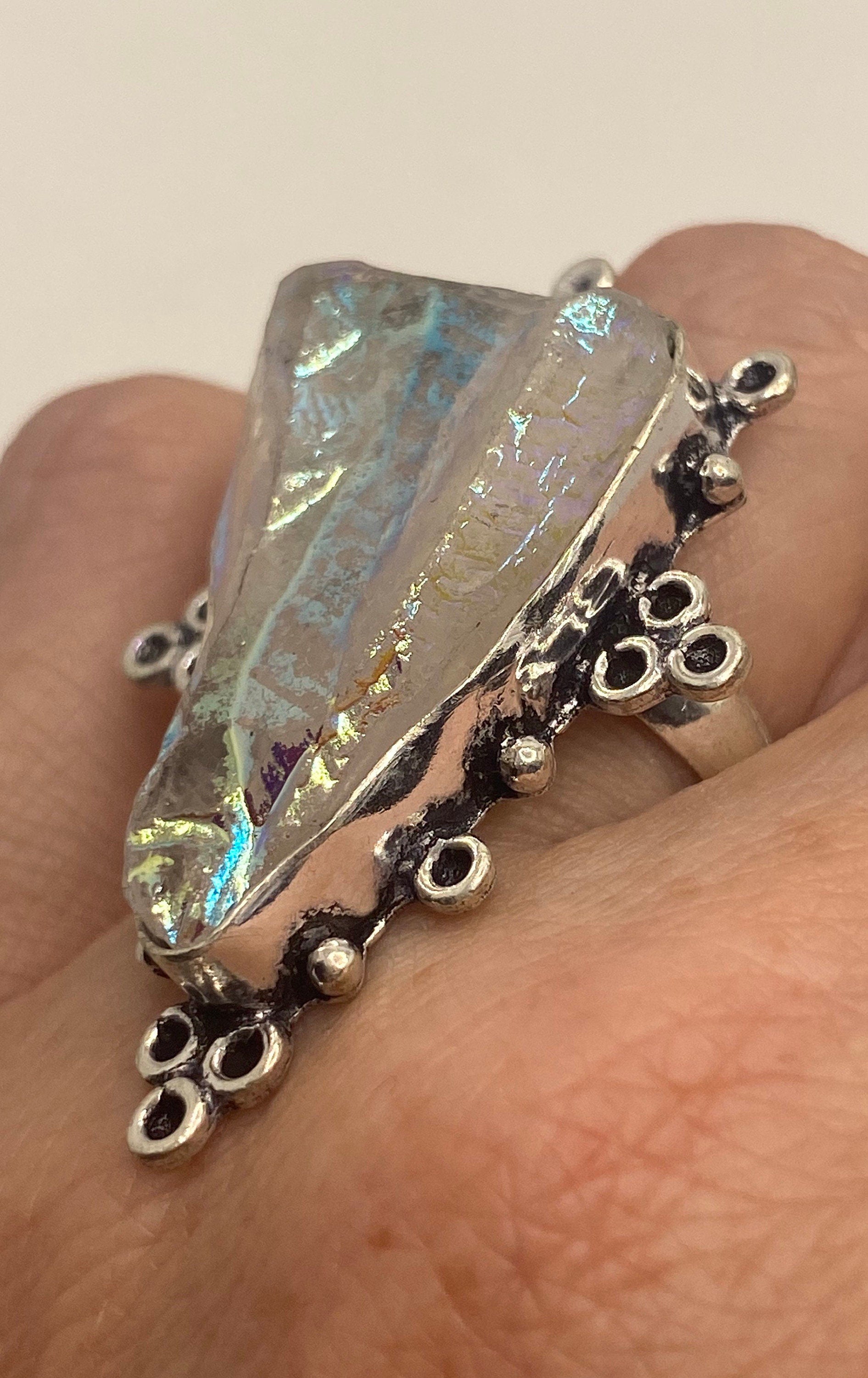 Vintage Mystic Clear Topaz Stone Silver Cocktail Statement Ring