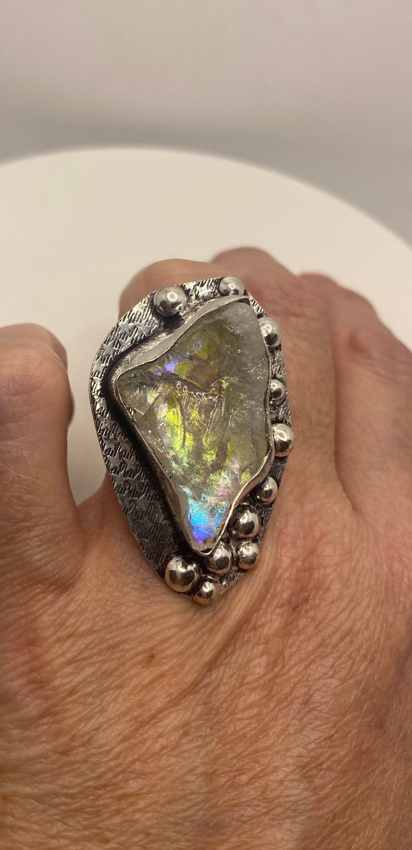 Vintage Mystic Clear Topaz Stone Silver Cocktail Statement Ring