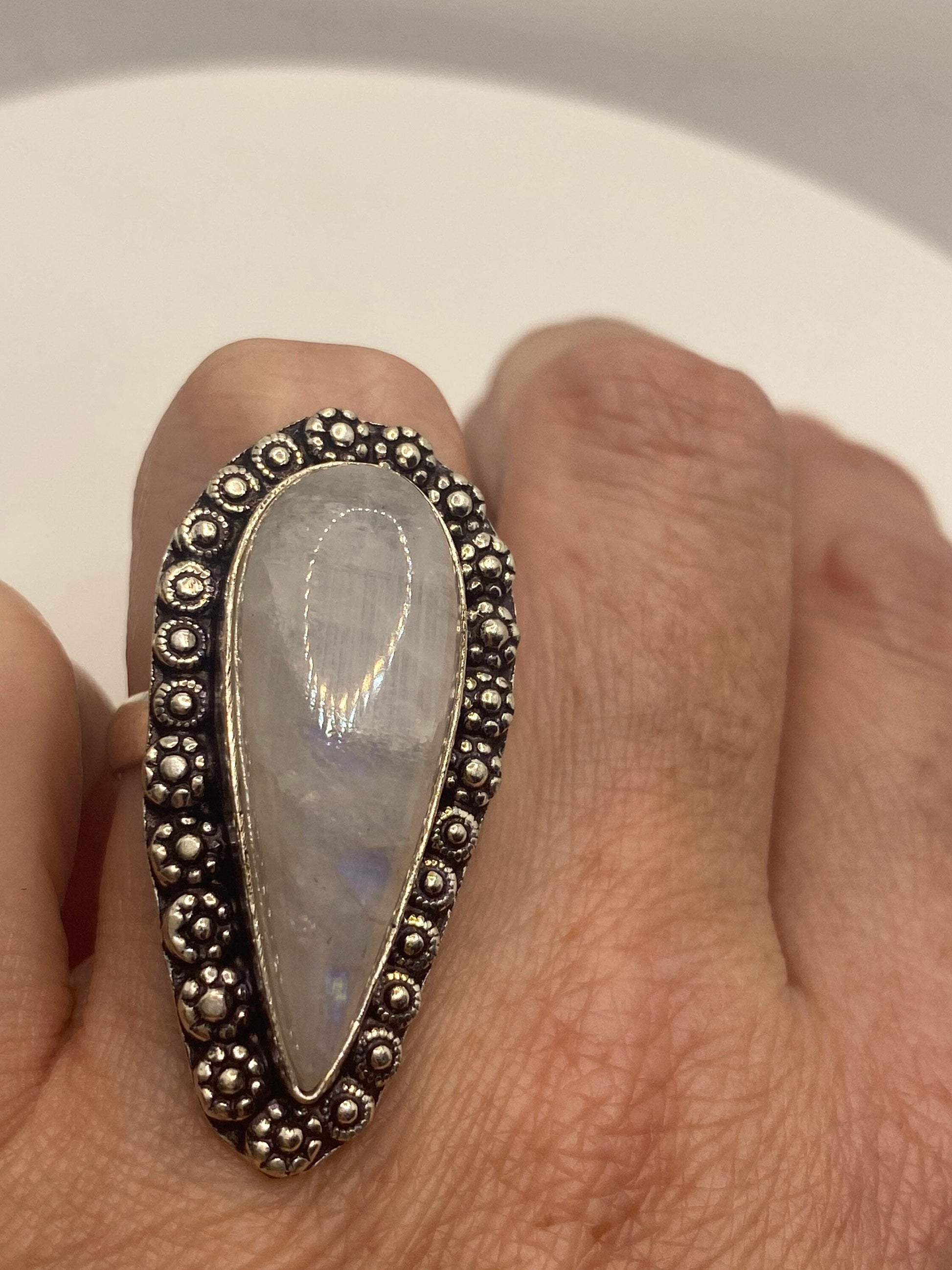 Vintage Genuine Blue White Rainbow Moonstone Ring Size 8