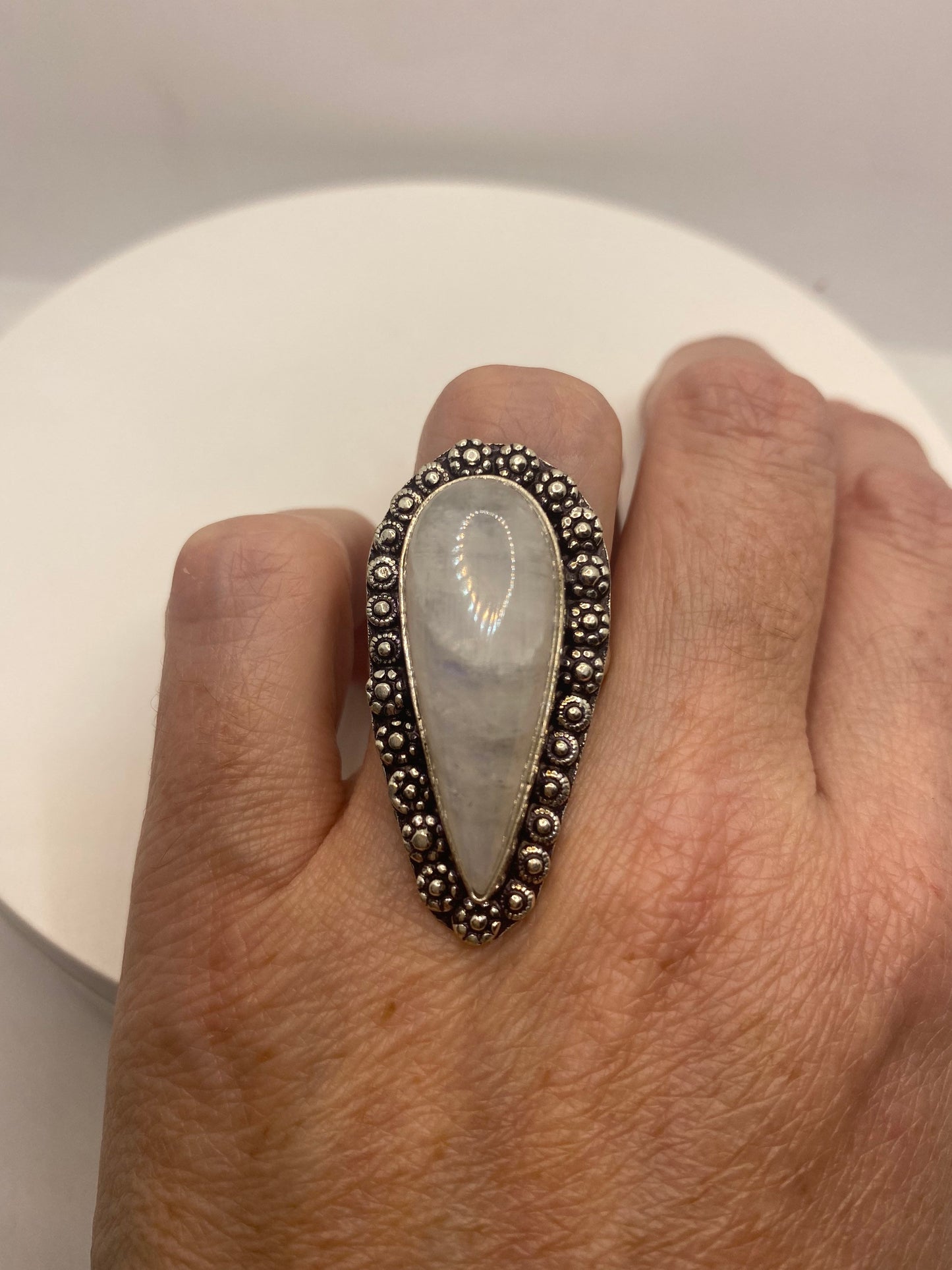 Vintage Genuine Blue White Rainbow Moonstone Ring Size 8
